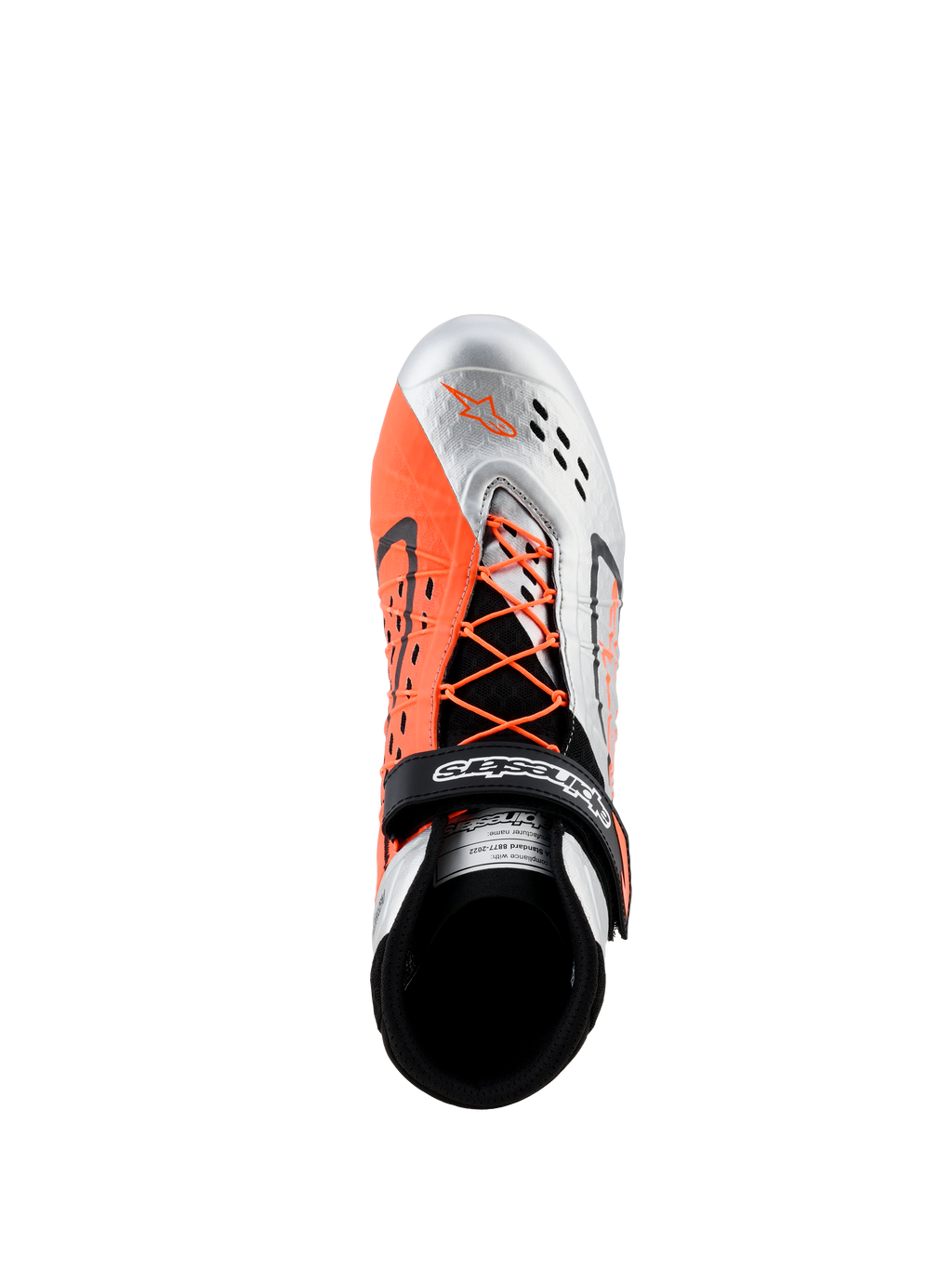 Alpinestars Tech-1 KX V3 Shoes - FIA, zapatos de karting, negro, plateado y naranja flúor, vista superior que muestra los cordones asimétricos naranjas, la correa de velcro con logo y las perforaciones transpirables cortadas con láser en la puntera plateada