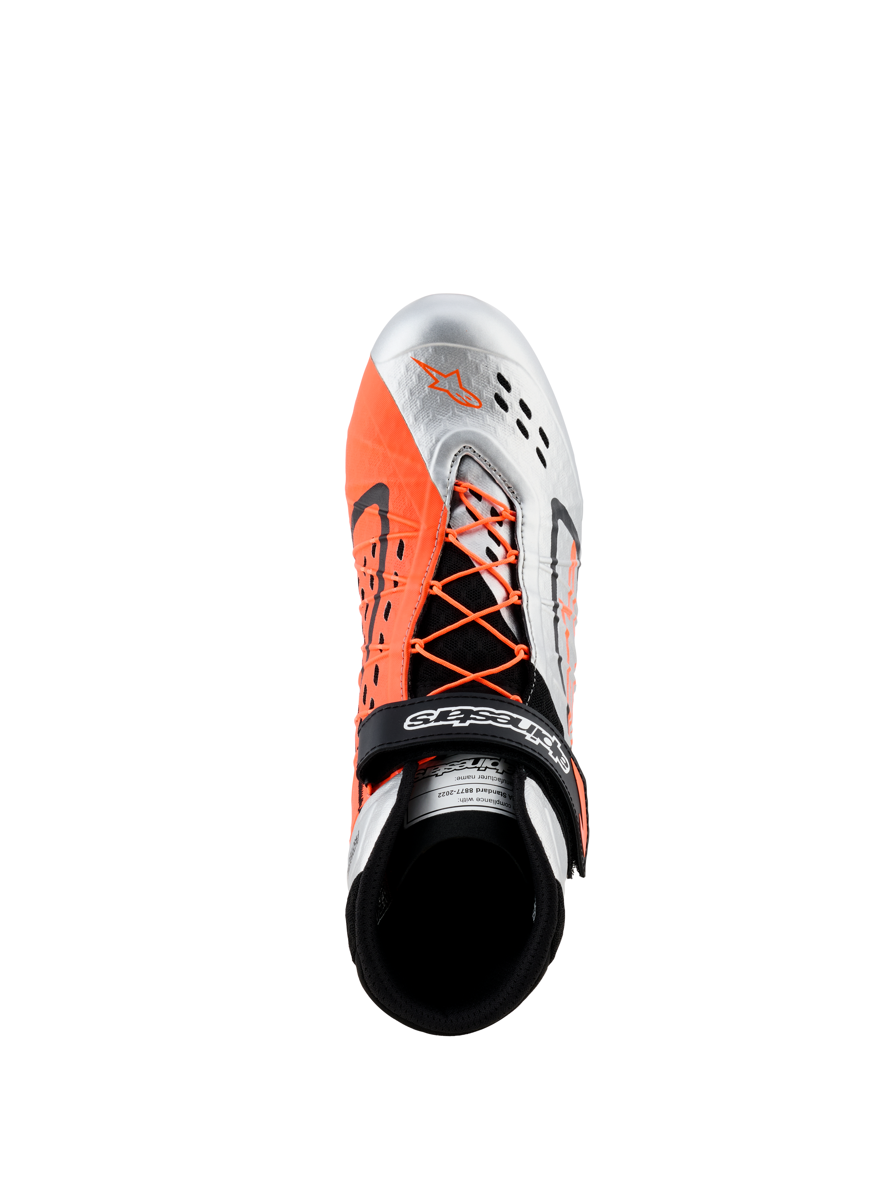Alpinestars Tech-1 KX V3 Shoes - FIA, zapatos de karting, negro, plateado y naranja flúor, vista superior que muestra los cordones asimétricos naranjas, la correa de velcro con logo y las perforaciones transpirables cortadas con láser en la puntera plateada