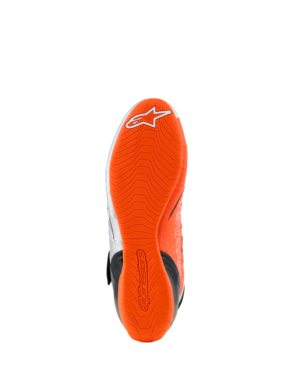 Zapatos Alpinestars Tech-1 KX V3, vista de la suela, goma naranja flúor brillante, patrón de dibujo ondulado con logotipo blanco y marca en relieve, diseñado para el agarre en karting y la sensibilidad con los pedales