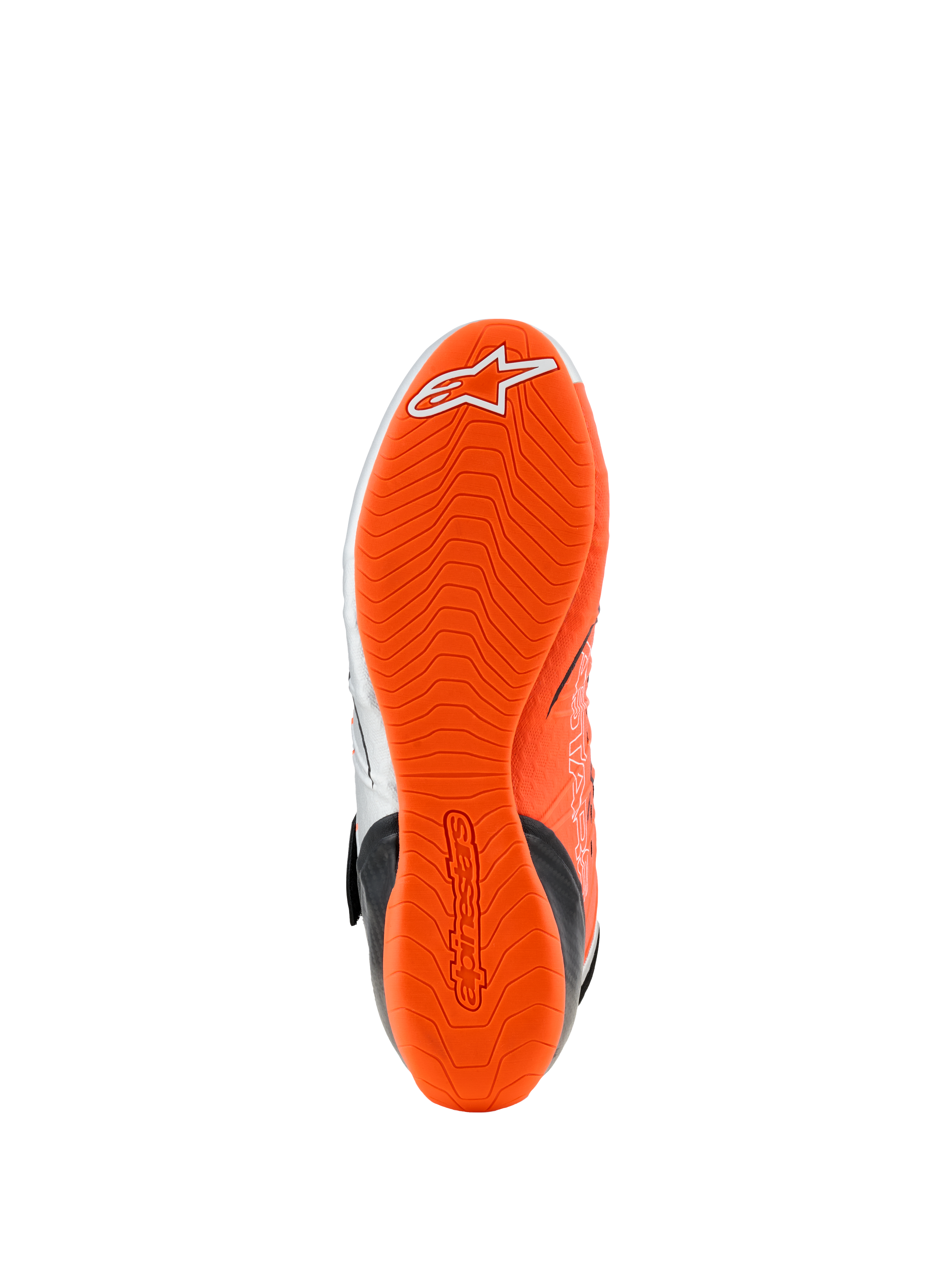 Zapatos Alpinestars Tech-1 KX V3, vista de la suela, goma naranja flúor brillante, patrón de dibujo ondulado con logotipo blanco y marca en relieve, diseñado para el agarre en karting y la sensibilidad con los pedales