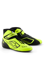 Zapatos de karting Alpinestars Tech-1 KX V3, negro y amarillo flúor, perfil de rendimiento estilizado, cordones asimétricos con correa ajustable en el tobillo, perforaciones cortadas con láser para transpirabilidad, construcción ligera termo-soldada, calzado de competición certificado FIA 8877-2022