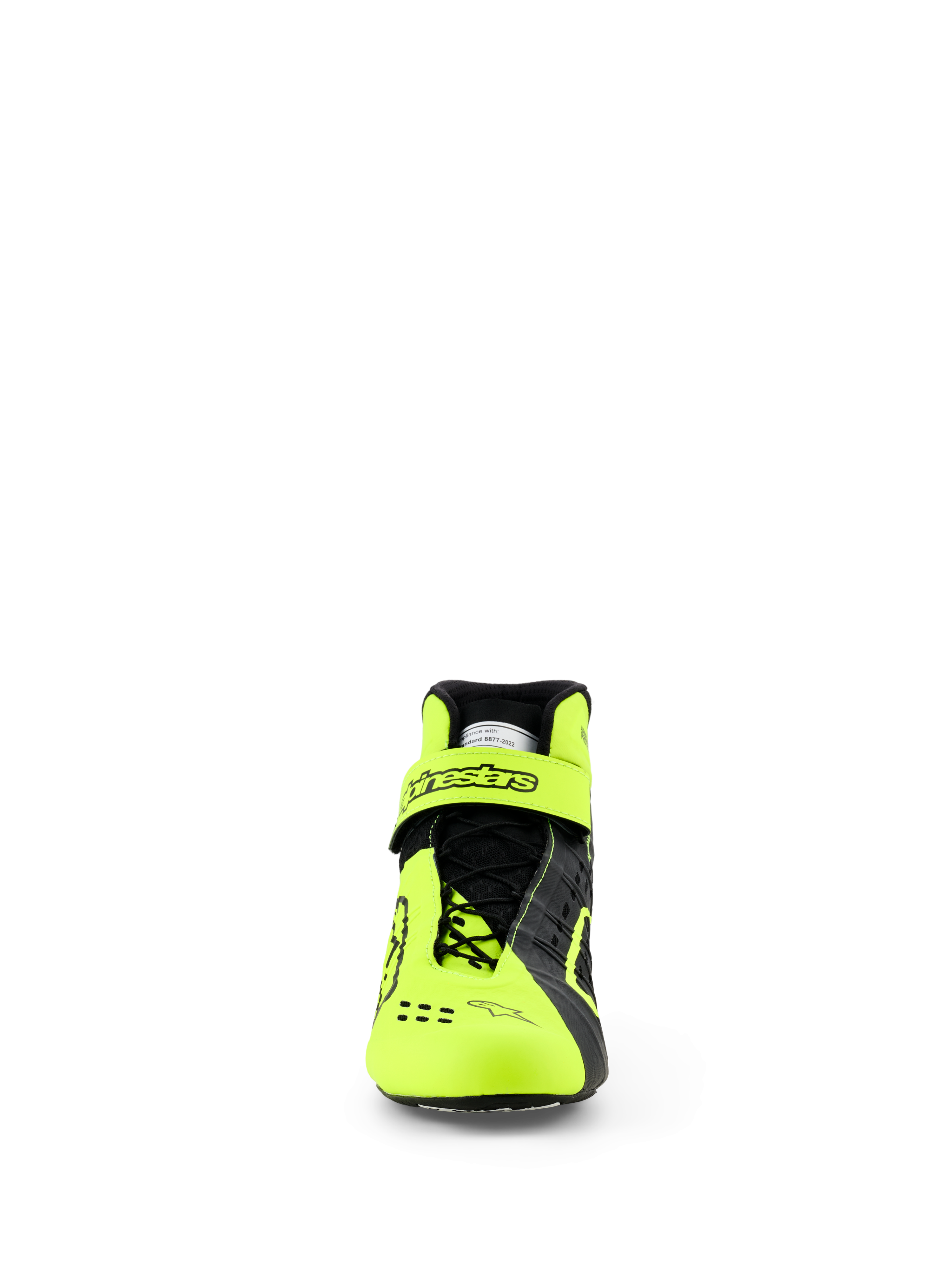 Zapatillas Alpinestars Tech-1 KX V3, zapatillas de karting, negro y amarillo flúor, vista frontal que muestra el sistema de cordones asimétrico y la correa ajustable en el tobillo con el logotipo de Alpinestars, diseño estilizado y ligero para un rendimiento en carreras con certificación FIA