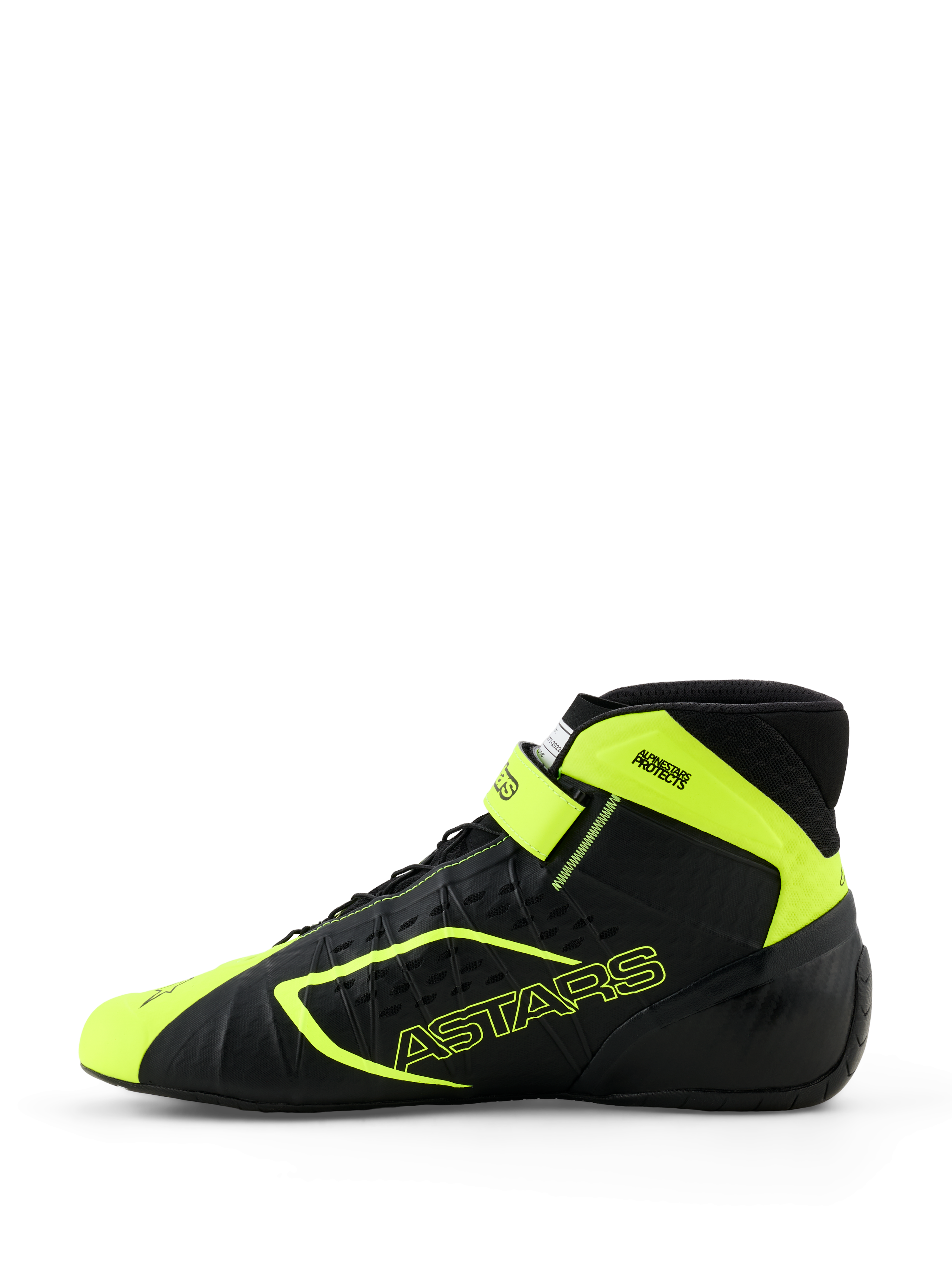 Zapatillas de karting Alpinestars Tech-1 KX V3, negro y amarillo flúor, vista de perfil lateral que muestra la construcción termosoldada sin costuras, perforaciones cortadas con láser, detalles en amarillo brillante con la marca ASTARS y correa ajustable en el tobillo, diseño de automovilismo elegante