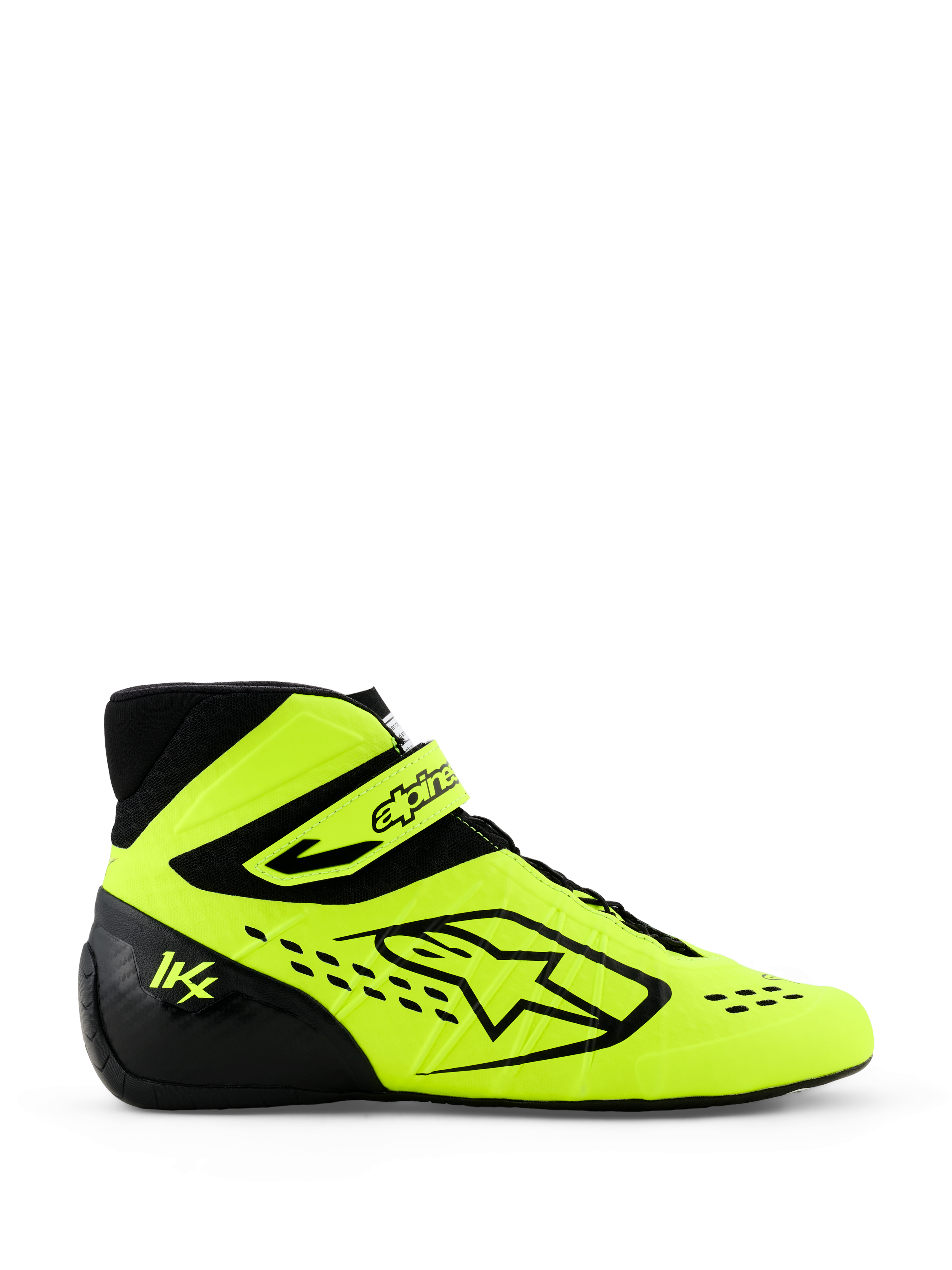 Zapatillas de karting Alpinestars Tech-1 KX V3, amarillo fluo y negro, vista de perfil lateral con logotipo destacado de Alpinestars, correa ajustable en el tobillo y perforaciones cortadas con láser para mayor transpirabilidad, calzado profesional de automovilismo