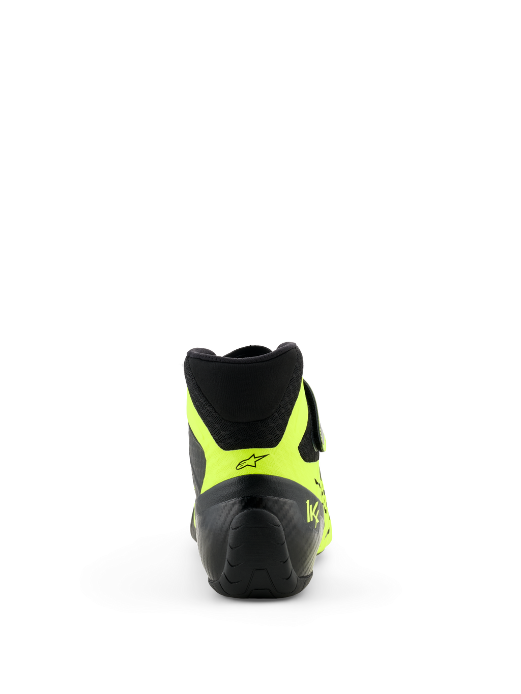 Zapatillas Alpinestars Tech-1 KX V3 - FIA, negro y amarillo flúor, vista trasera con enfoque en el talón, detalles en amarillo neón con logotipo de estrella negra y marca KX, calzado profesional para karting