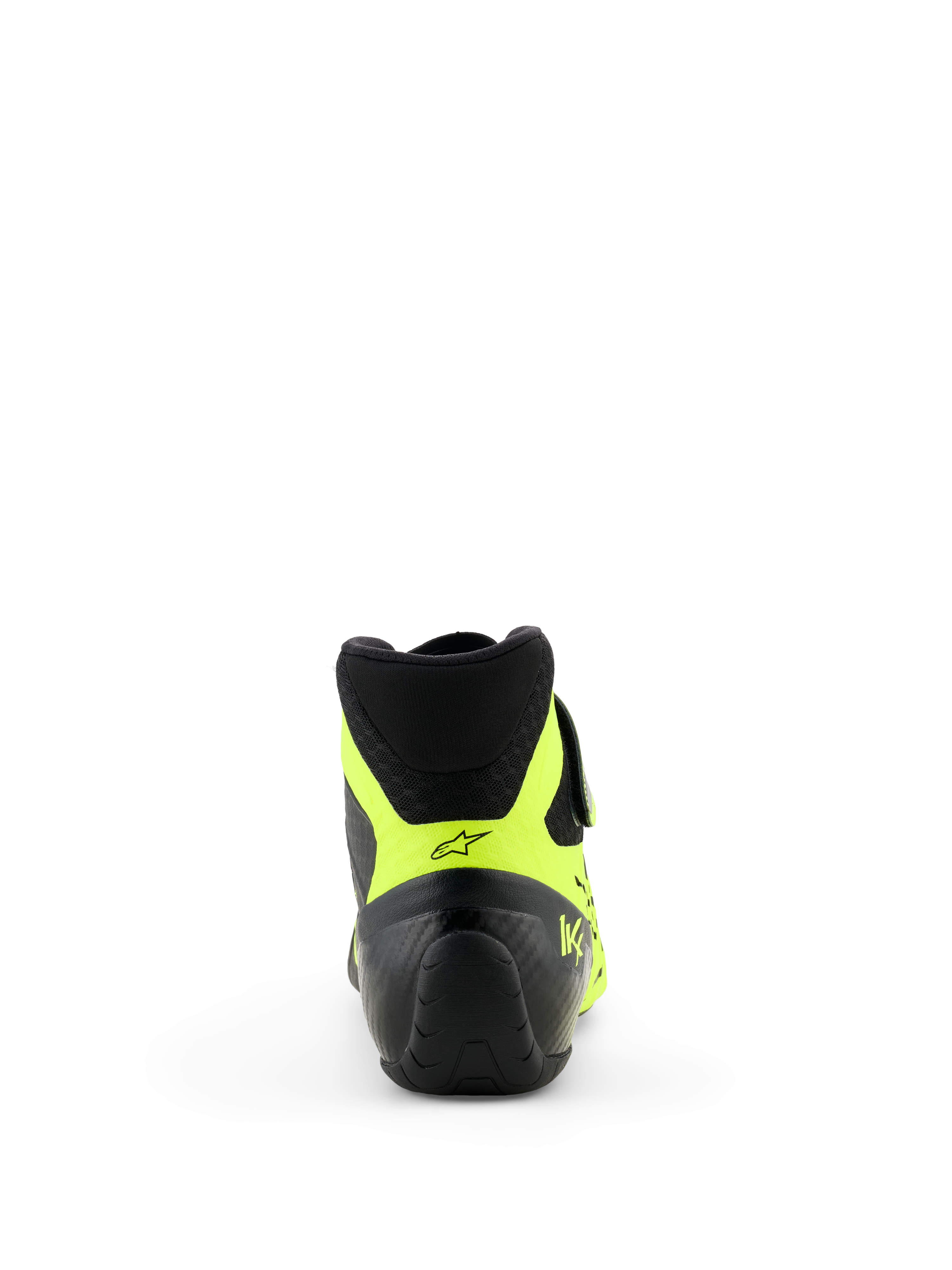 Zapatillas Alpinestars Tech-1 KX V3 - FIA, negro y amarillo flúor, vista trasera con enfoque en el talón, detalles en amarillo neón con logotipo de estrella negra y marca KX, calzado profesional para karting
