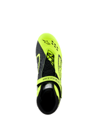 Zapatillas Alpinestars Tech-1 KX V3, calzado de karting, negro y amarillo flúor, vista superior que muestra el sistema de cordones asimétricos y la correa ajustable, con perforaciones cortadas por láser para mayor transpirabilidad, diseñadas para carreras de karting