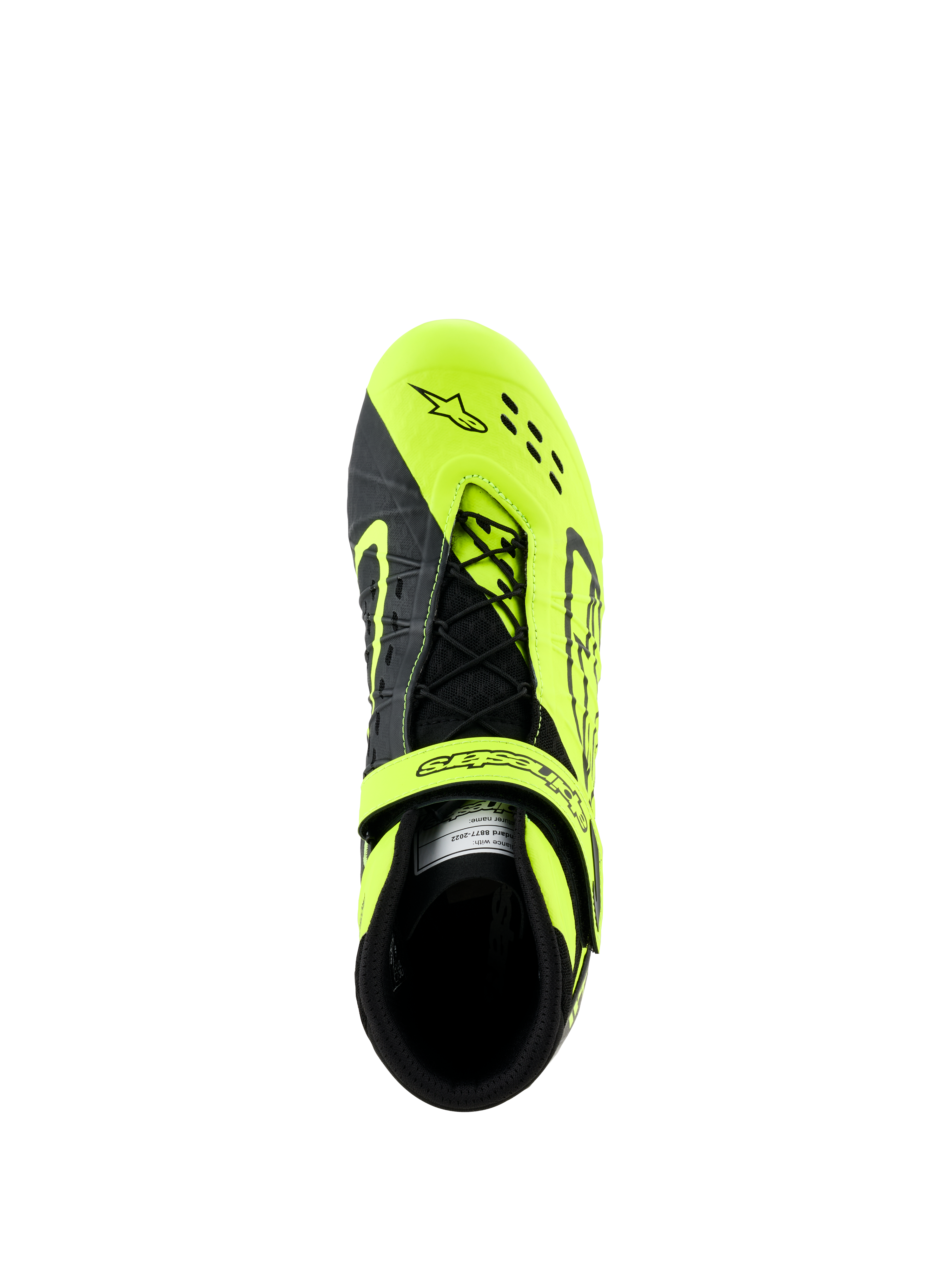 Zapatillas Alpinestars Tech-1 KX V3, calzado de karting, negro y amarillo flúor, vista superior que muestra el sistema de cordones asimétricos y la correa ajustable, con perforaciones cortadas por láser para mayor transpirabilidad, diseñadas para carreras de karting