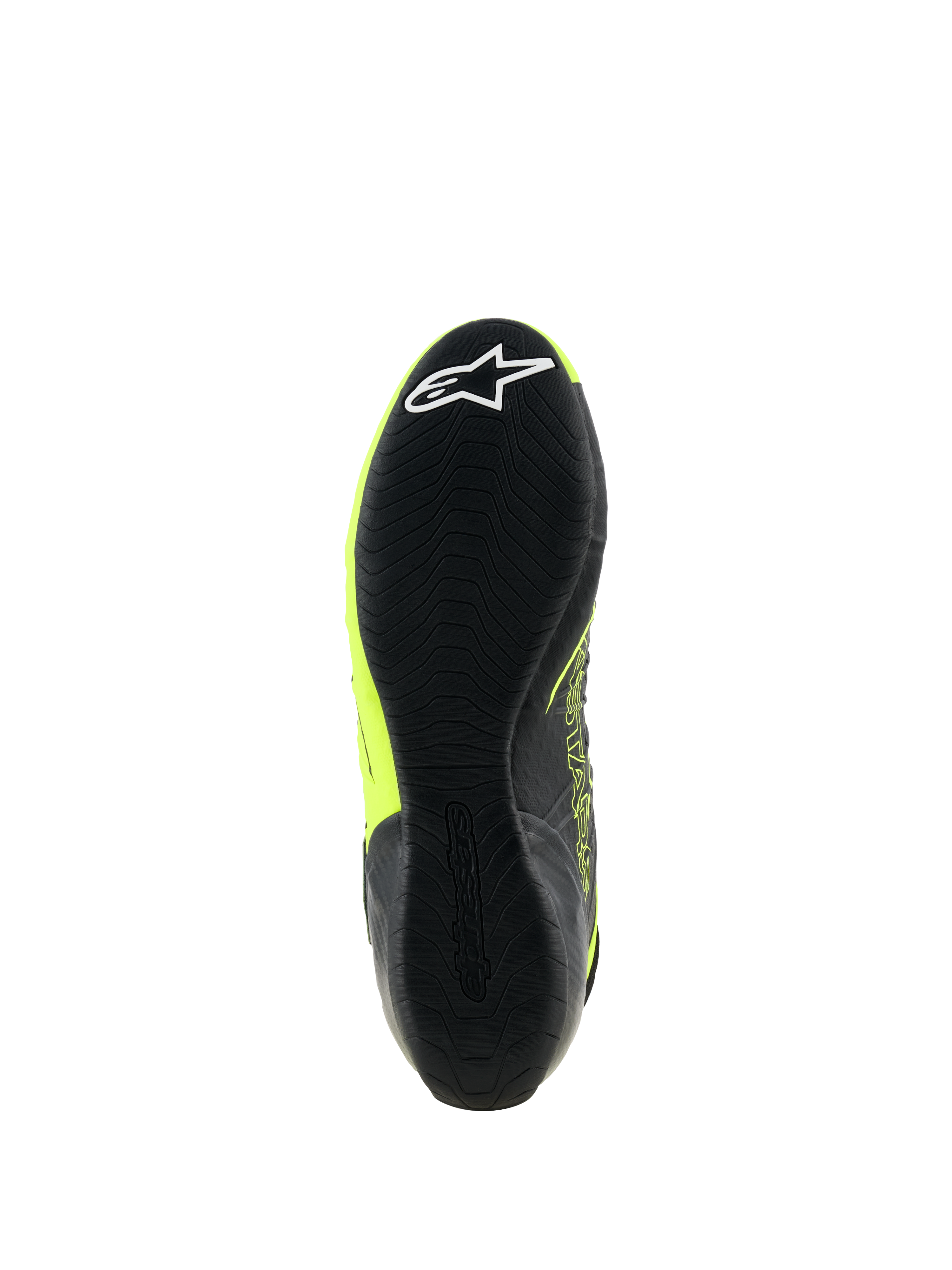 Zapatillas Alpinestars Tech-1 KX V3, calzado de karting, negro y amarillo flúor, vista inferior de la suela de goma fina con patrón de agarre texturizado y logotipo de estrella blanca en el talón, diseñadas para el rendimiento en deportes de motor