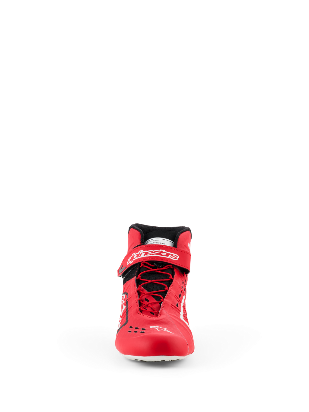 Zapatillas Alpinestars Tech-1 KX V3 - FIA, calzado de karting, rojo y negro, vista frontal con cordones rápidos asimétricos, correa de velcro en el tobillo con marca en blanco y construcción termo-soldada estilizada