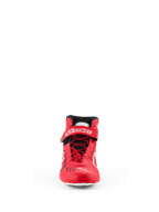 Zapatillas Alpinestars Tech-1 KX V3 - FIA, calzado de karting, rojo y negro, vista frontal con cordones rápidos asimétricos, correa de velcro en el tobillo con marca en blanco y construcción termo-soldada estilizada