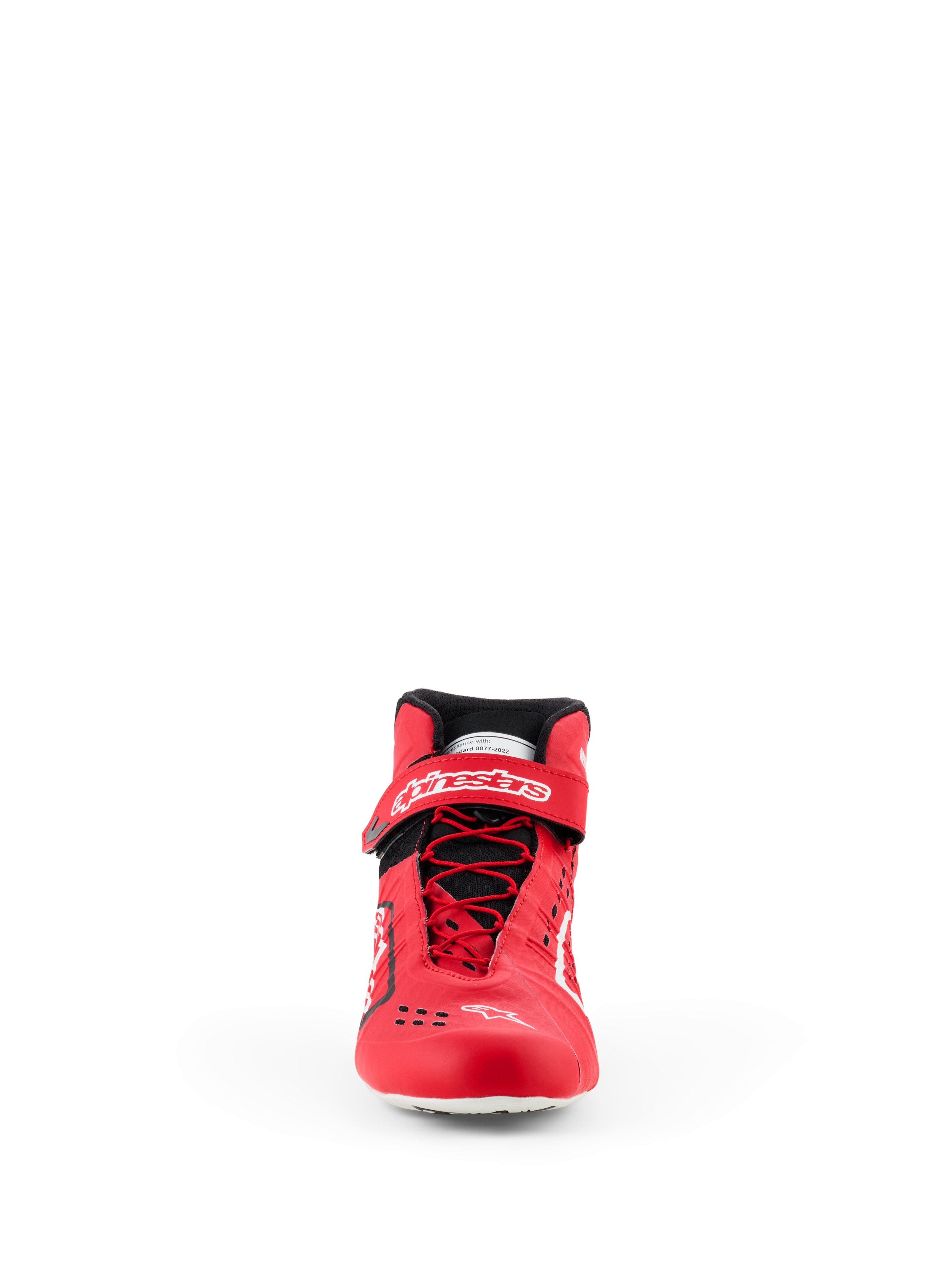 Zapatillas Alpinestars Tech-1 KX V3 - FIA, calzado de karting, rojo y negro, vista frontal con cordones rápidos asimétricos, correa de velcro en el tobillo con marca en blanco y construcción termo-soldada estilizada