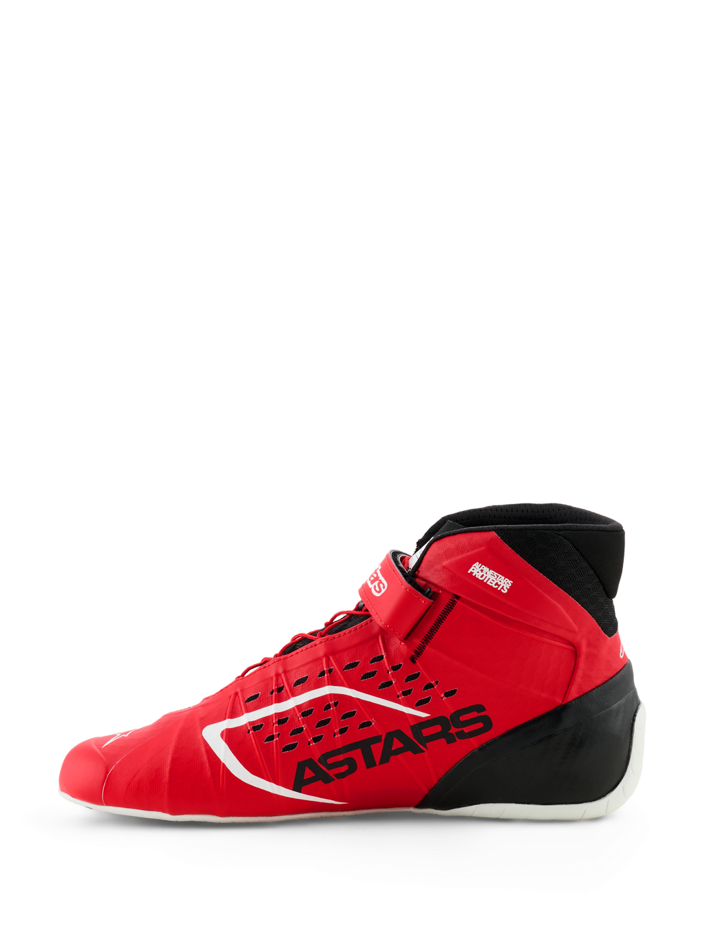 Zapatos Alpinestars Tech-1 KX V3, zapatos de karting FIA, rojo y negro, vista de perfil lateral, con construcción termo-soldada sin costuras, perforaciones cortadas con láser, logotipo ASTARS en negro y diseño de competición ligero