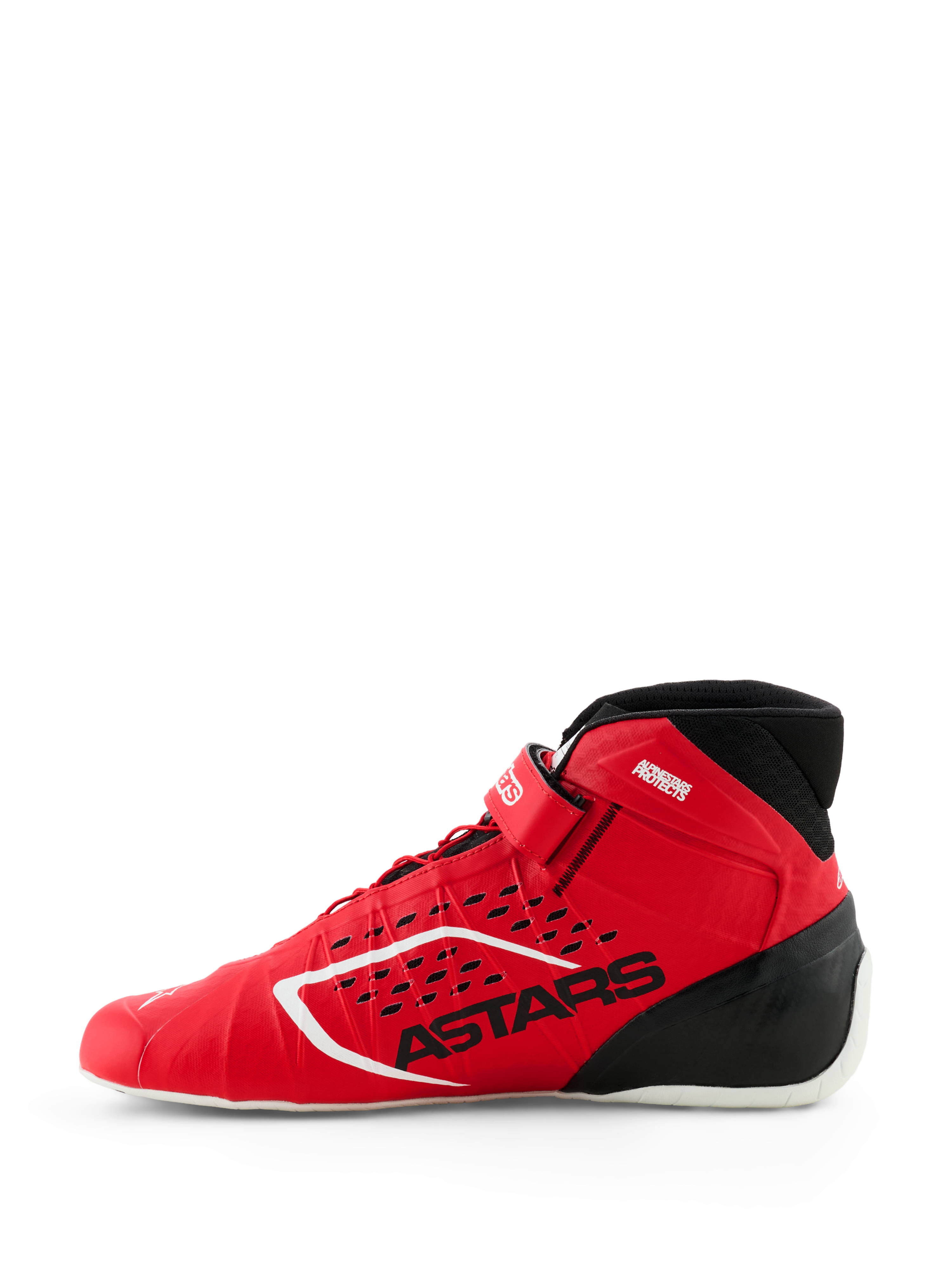 Zapatos Alpinestars Tech-1 KX V3, zapatos de karting FIA, rojo y negro, vista de perfil lateral, con construcción termo-soldada sin costuras, perforaciones cortadas con láser, logotipo ASTARS en negro y diseño de competición ligero