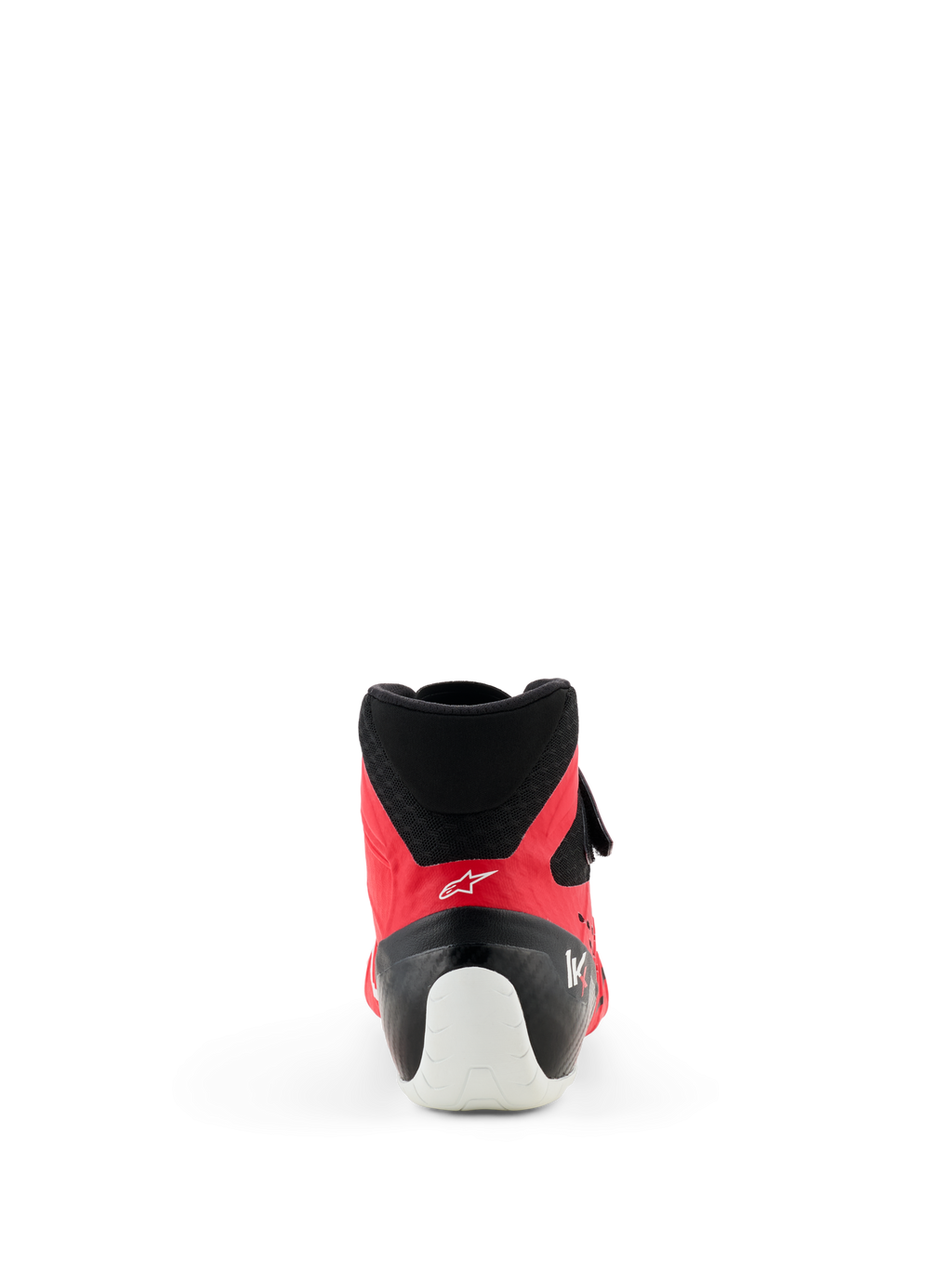 Zapatos Alpinestars Tech-1 KX V3 - FIA, zapatos de karting, rojo y negro, vista trasera que destaca el refuerzo blanco del talón, el cuello de malla negra y el perfil aerodinámico para carreras profesionales.