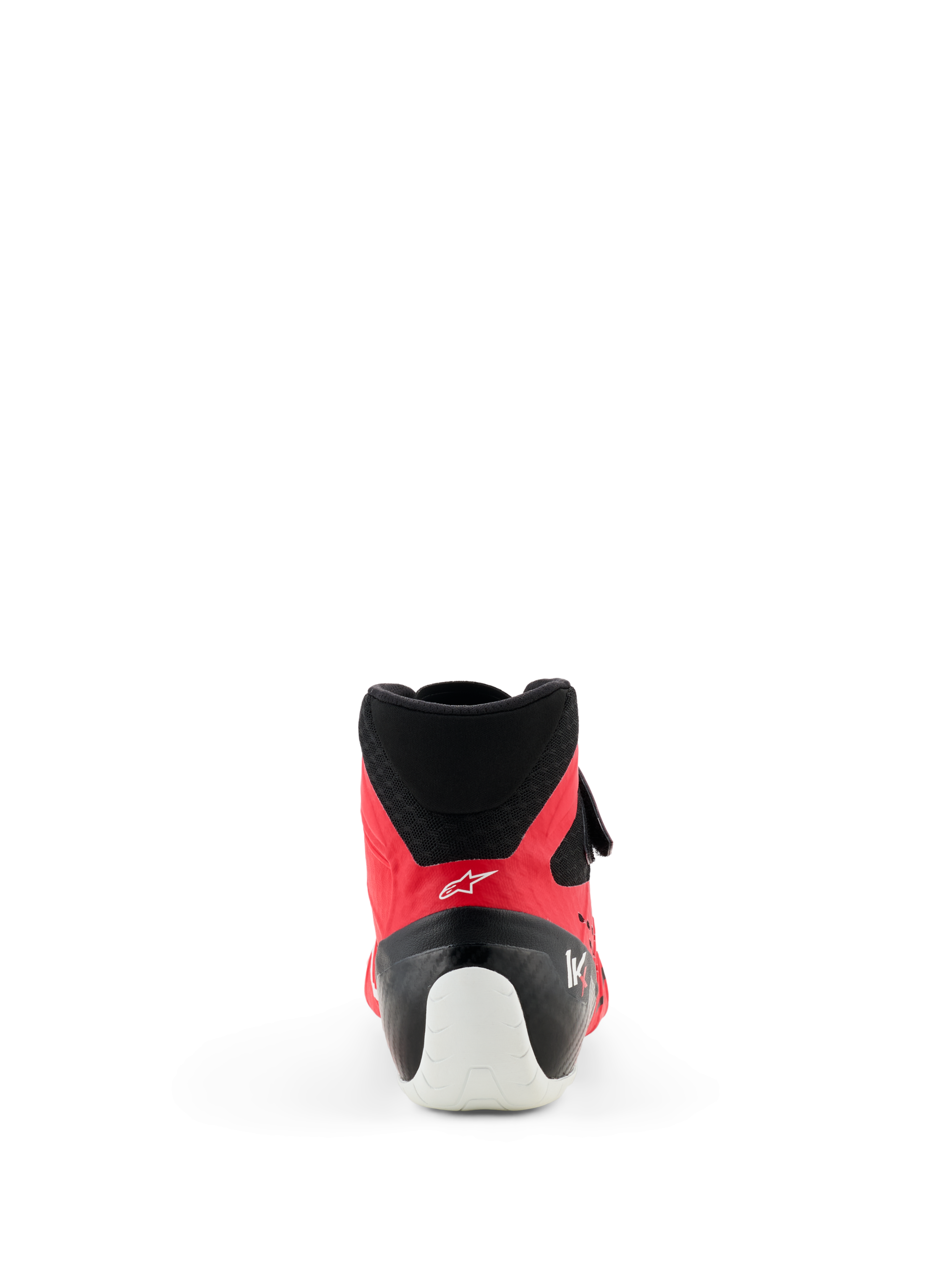 Zapatos Alpinestars Tech-1 KX V3 - FIA, zapatos de karting, rojo y negro, vista trasera que destaca el refuerzo blanco del talón, el cuello de malla negra y el perfil aerodinámico para carreras profesionales.