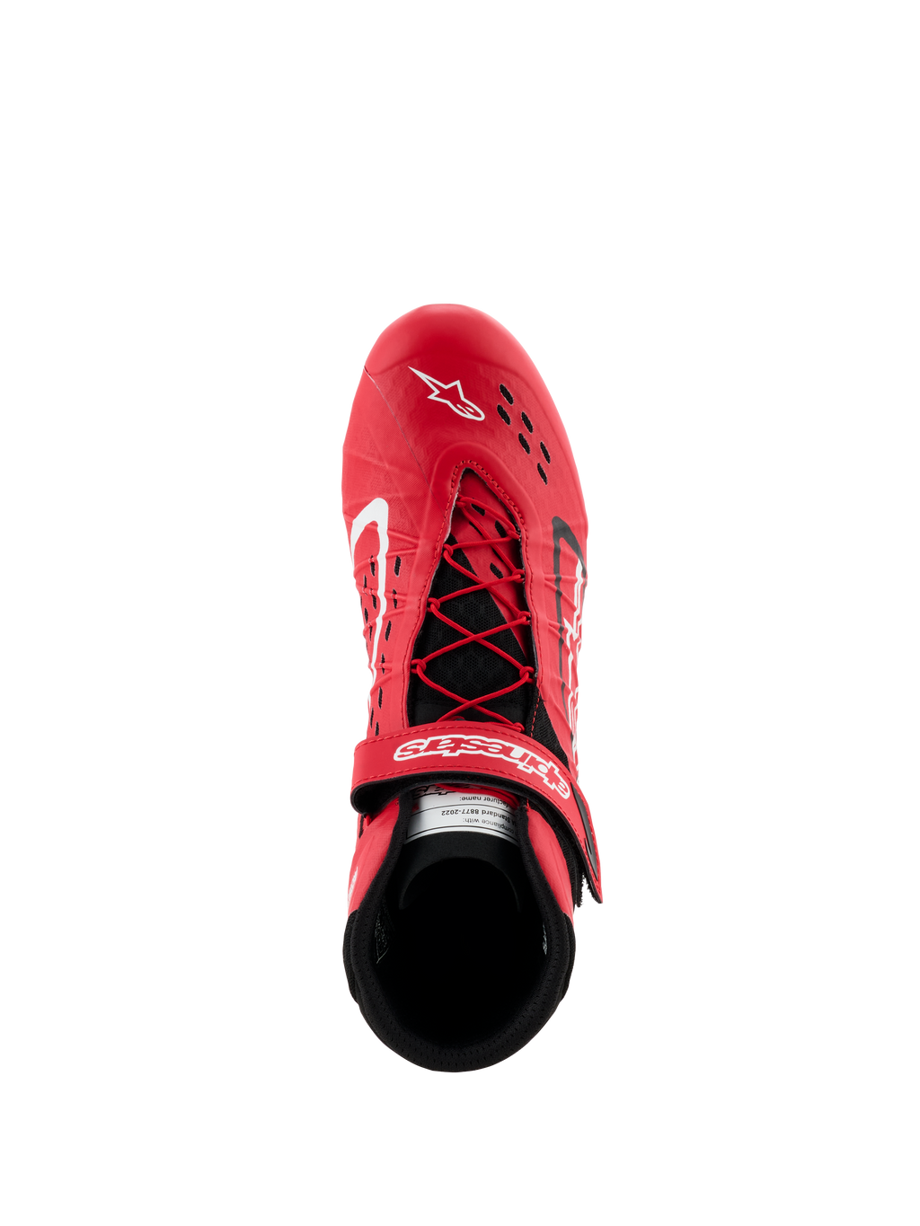 Zapatos Alpinestars Tech-1 KX V3 - FIA, zapatos de karting en rojo y negro, vista superior que muestra el sistema de cordones asimétrico y la correa de velcro ajustable, parte superior perforada para transpirabilidad, calzado ligero de alto rendimiento para competición