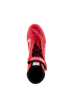 Zapatos Alpinestars Tech-1 KX V3 - FIA, zapatos de karting en rojo y negro, vista superior que muestra el sistema de cordones asimétrico y la correa de velcro ajustable, parte superior perforada para transpirabilidad, calzado ligero de alto rendimiento para competición