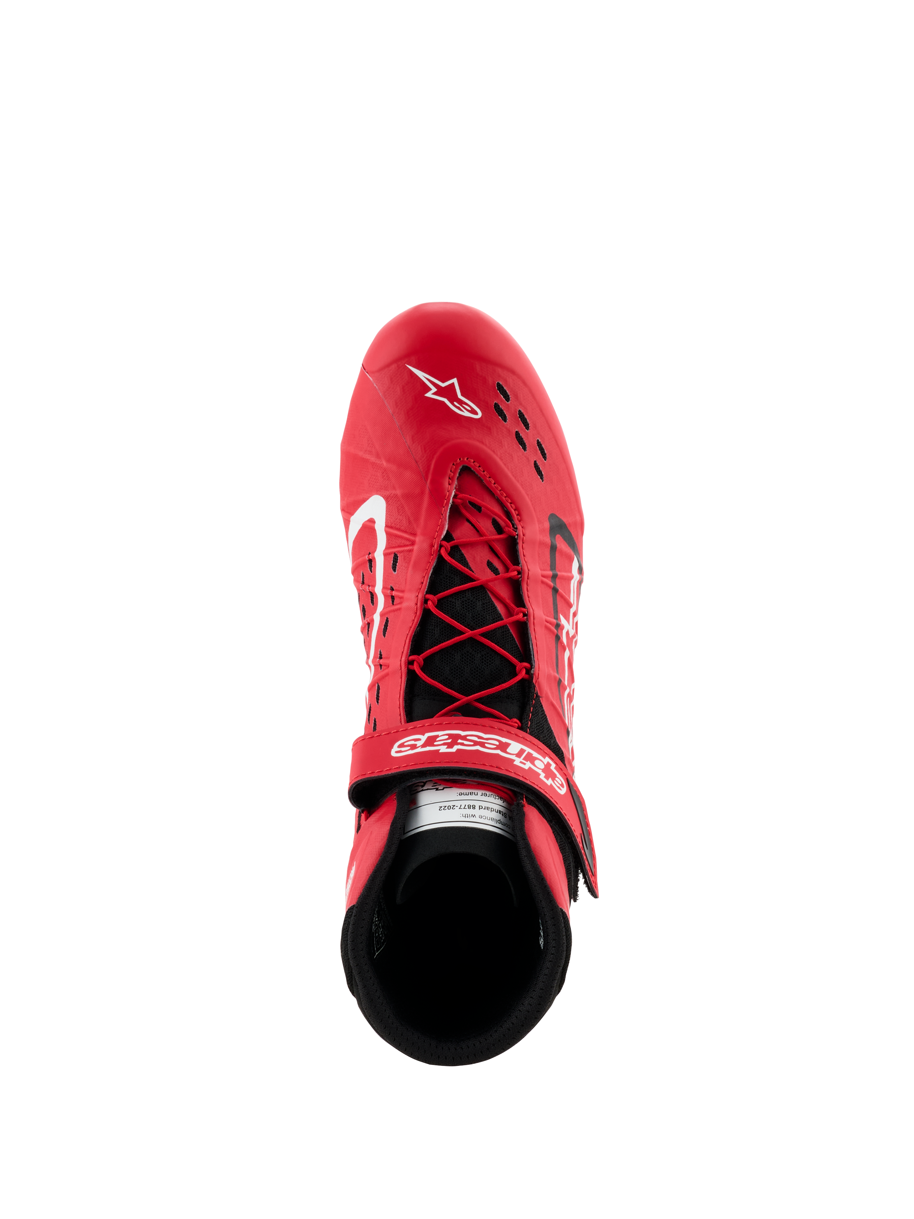 Zapatos Alpinestars Tech-1 KX V3 - FIA, zapatos de karting en rojo y negro, vista superior que muestra el sistema de cordones asimétrico y la correa de velcro ajustable, parte superior perforada para transpirabilidad, calzado ligero de alto rendimiento para competición