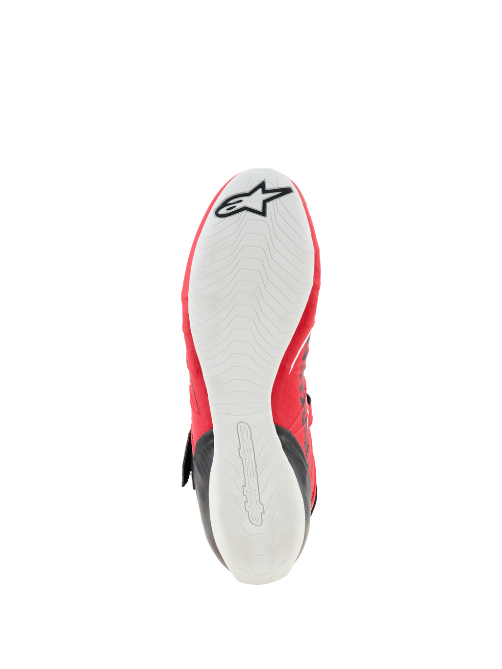 Zapatillas Alpinestars Tech-1 KX V3 - FIA, calzado de karting, vista inferior que muestra la delgada suela de goma blanca, patrón de agarre texturizado para mayor sensibilidad con los pedales, bordes superiores rojos, logotipo de la estrella de Alpinestars en negro en la puntera y marca en relieve en el talón