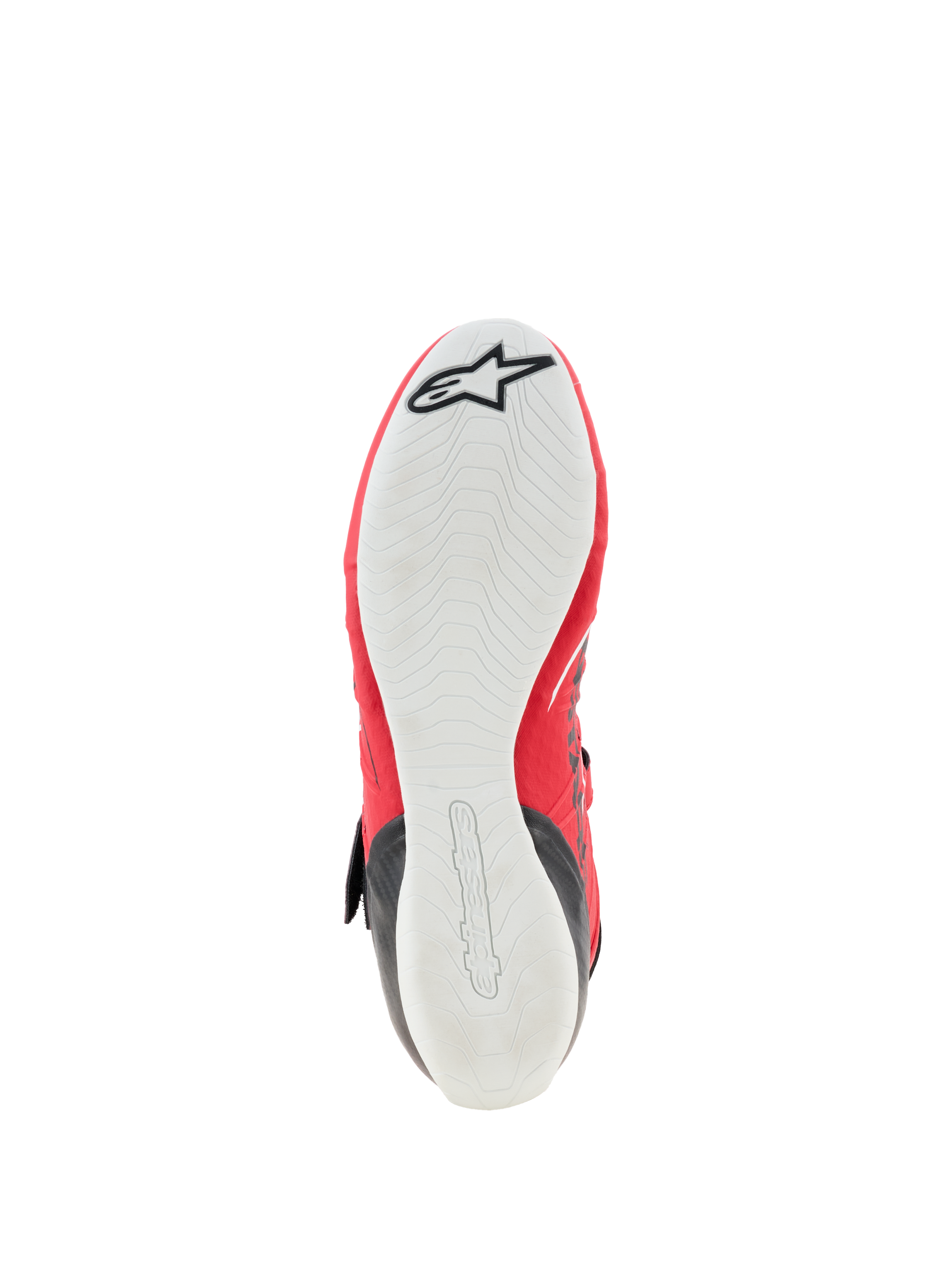 Zapatillas Alpinestars Tech-1 KX V3 - FIA, calzado de karting, vista inferior que muestra la delgada suela de goma blanca, patrón de agarre texturizado para mayor sensibilidad con los pedales, bordes superiores rojos, logotipo de la estrella de Alpinestars en negro en la puntera y marca en relieve en el talón
