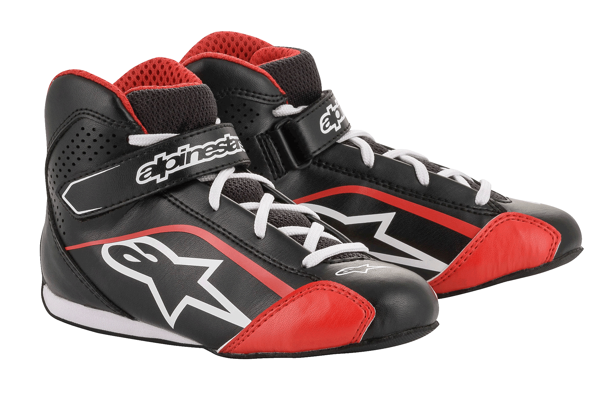 Alpinestars Youth Tech-1 K Shoes, zapatos de karting, negros, blancos y rojos, con una parte superior de microfibra ligera con detalles rojos, cordones blancos y correa de tobillo con cierre de gancho y bucle, diseñados para el karting juvenil