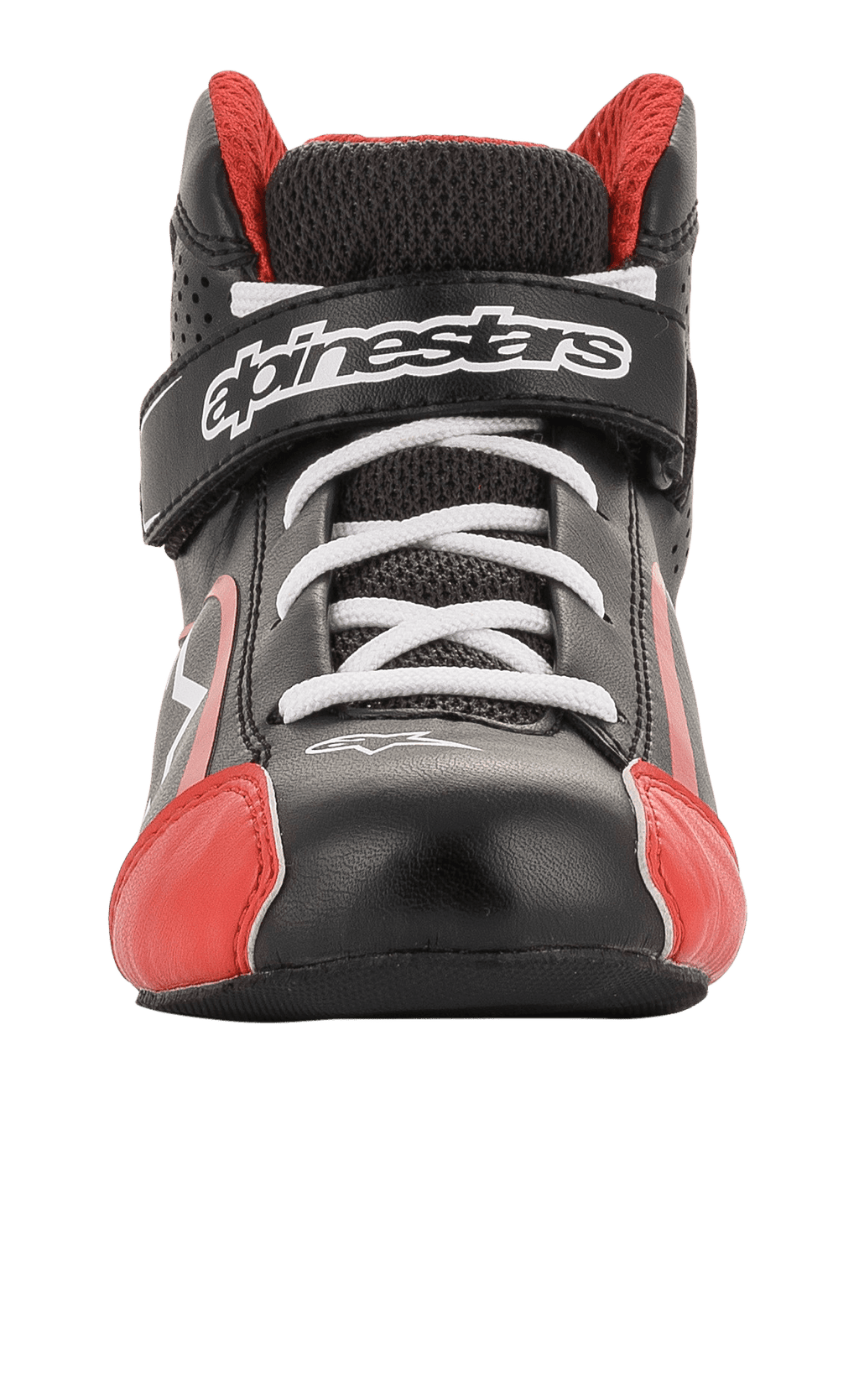 Alpinestars Youth Tech-1 K Shoes, zapatos de karting, negro, blanco y rojo, vista frontal con cordones blancos y correa de velcro con la marca, detalles rojos en la puntera, construcción ligera de microfibra y malla