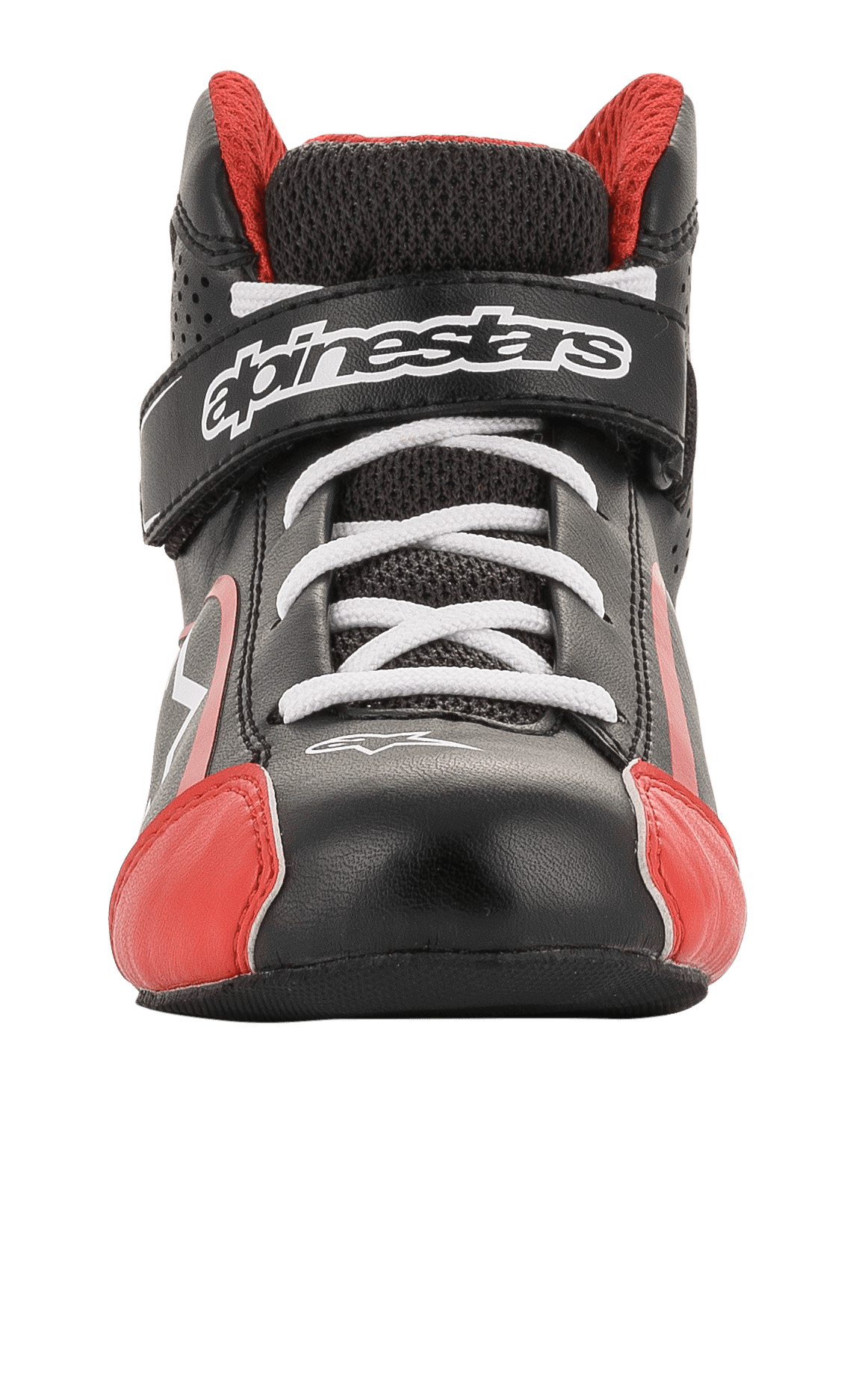 Alpinestars Youth Tech-1 K Shoes, zapatos de karting, negro, blanco y rojo, vista frontal con cordones blancos y correa de velcro con la marca, detalles rojos en la puntera, construcción ligera de microfibra y malla