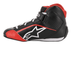 Zapatillas Alpinestars Youth Tech-1 K, calzado de karting, negro, blanco y rojo, perfil lateral con el logo de la estrella blanca, cuello de malla roja, cordones blancos y correa en el tobillo, diseño ligero de microfibra y malla para competición