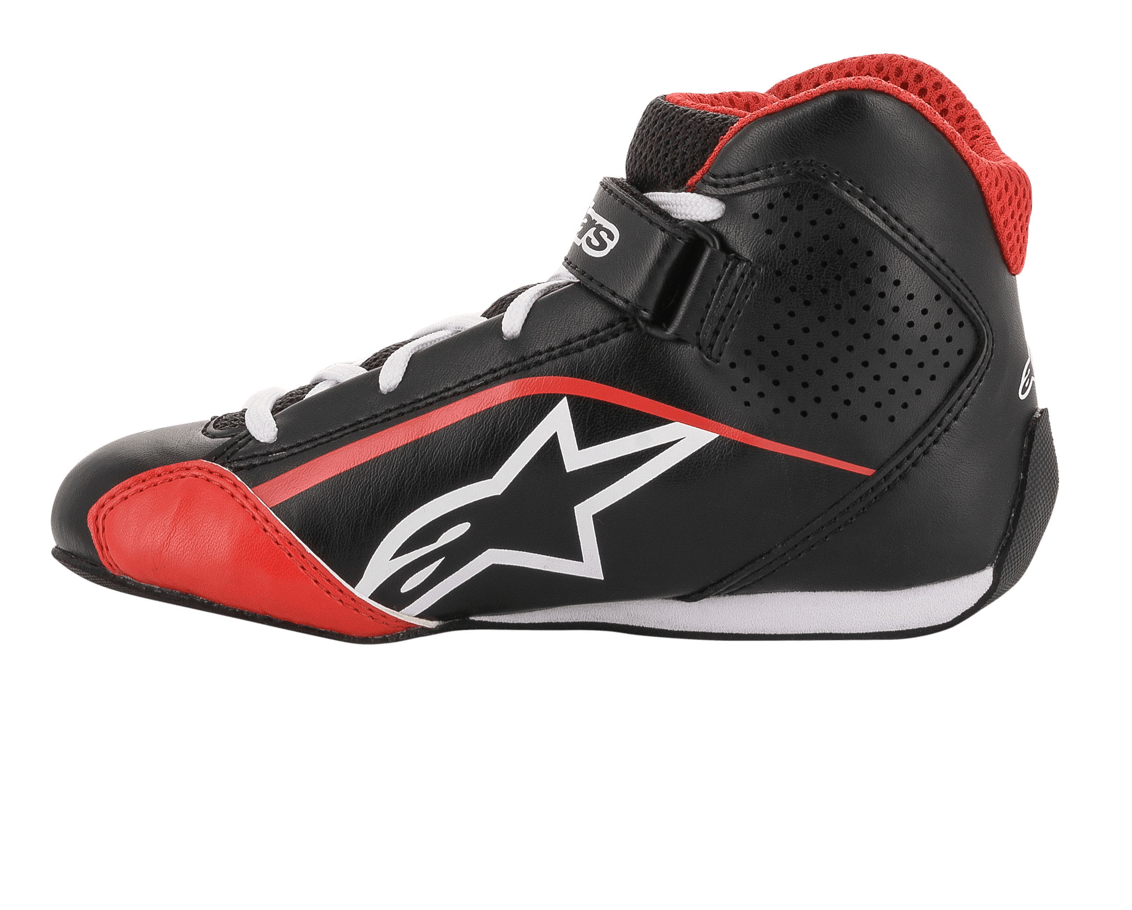 Zapatillas Alpinestars Youth Tech-1 K, calzado de karting, negro, blanco y rojo, perfil lateral con el logo de la estrella blanca, cuello de malla roja, cordones blancos y correa en el tobillo, diseño ligero de microfibra y malla para competición