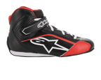 Alpinestars Youth Tech-1 K Shoes, zapatos de karting juveniles, negro, blanco y rojo, perfil lateral con construcción de microfibra, logotipo de Alpinestars en blanco, correa de tobillo con cierre de velcro y paneles laterales perforados para ventilación.
