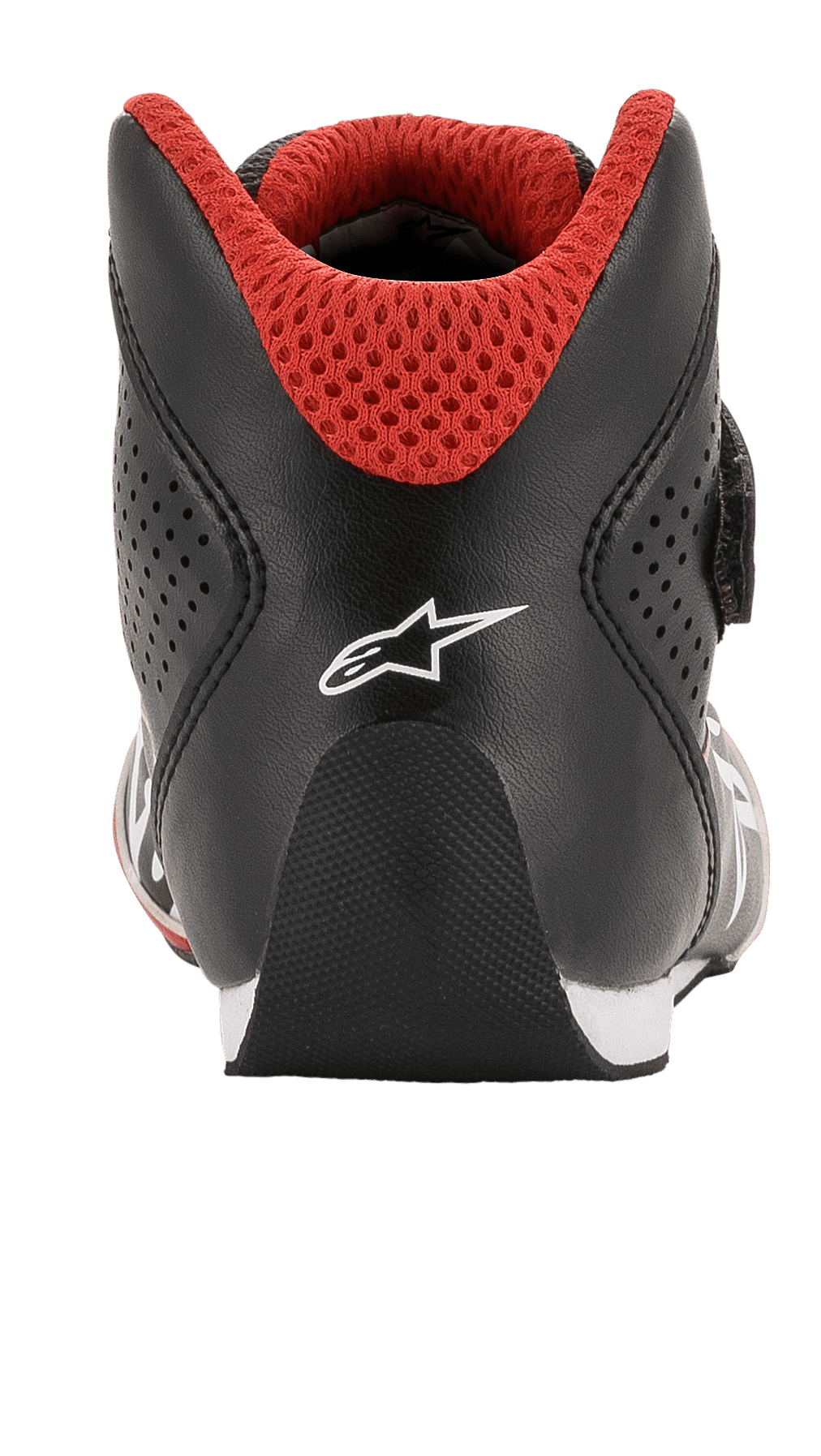 Zapatillas Alpinestars Youth Tech-1 K, calzado de karting, negro, blanco y rojo, vista posterior con talón redondeado, logotipo blanco de Alpinestars y cuello de malla 3D roja para carreras de karting
