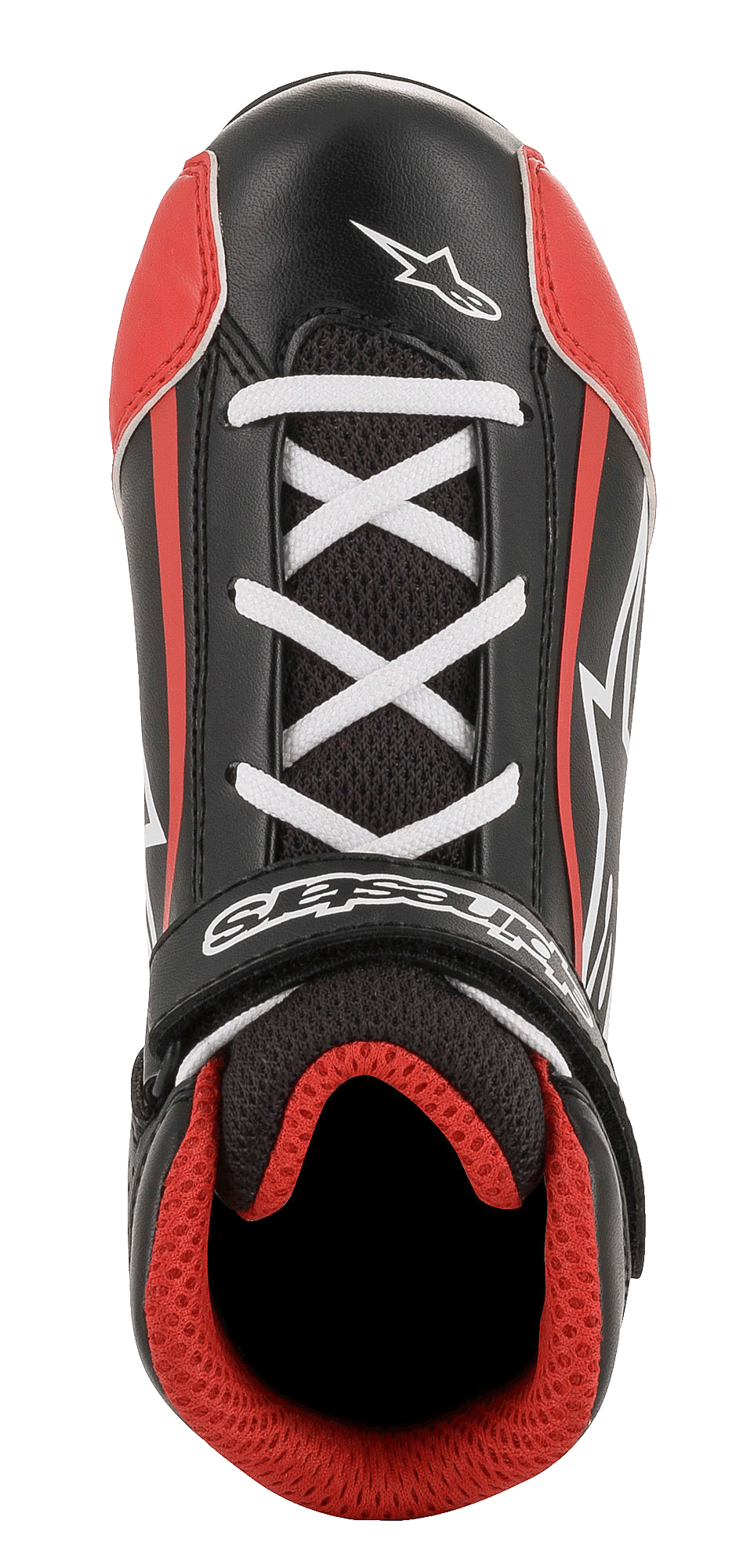 Zapatillas Alpinestars Youth Tech-1 K, zapatos de karting, negros, blancos y rojos, vista superior que muestra cordones cruzados blancos, correa de velcro negra con logotipo, forro de malla 3D roja, construcción de microfibra y malla duradera