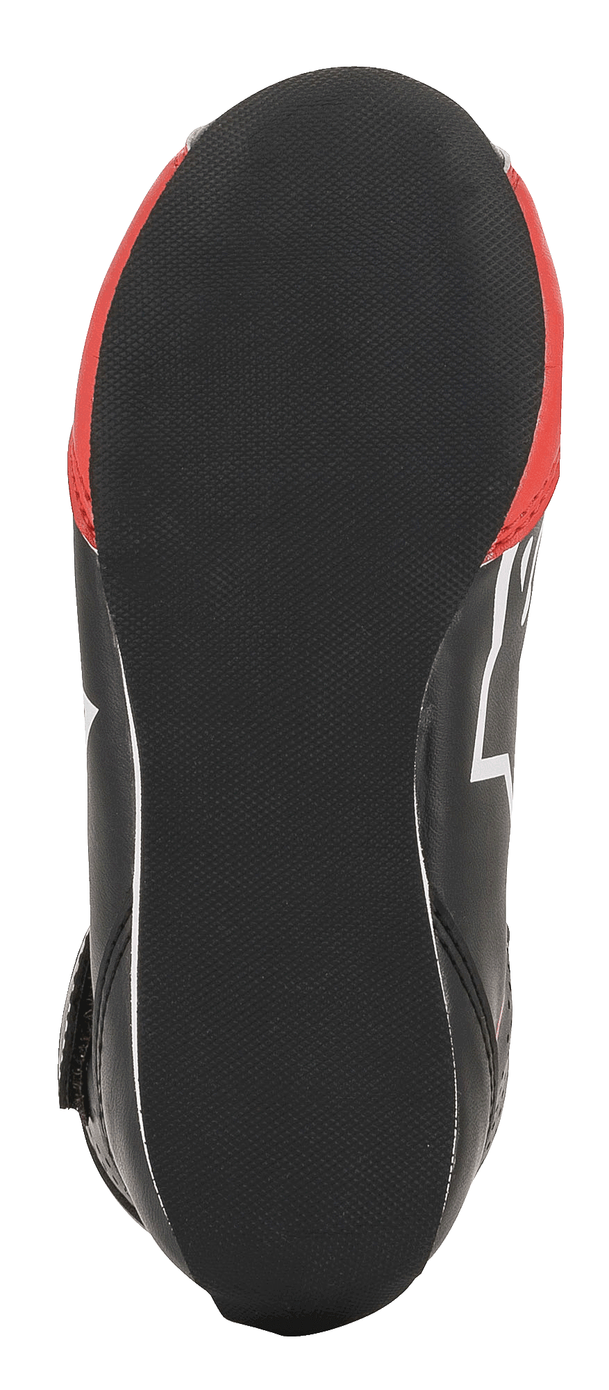 Alpinestars Youth Tech-1 K Shoes, zapatos de karting, negro, blanco y rojo, vista inferior que muestra la suela de goma negra texturizada con un talón redondeado para mayor sensibilidad al pedal y detalles laterales rojos.