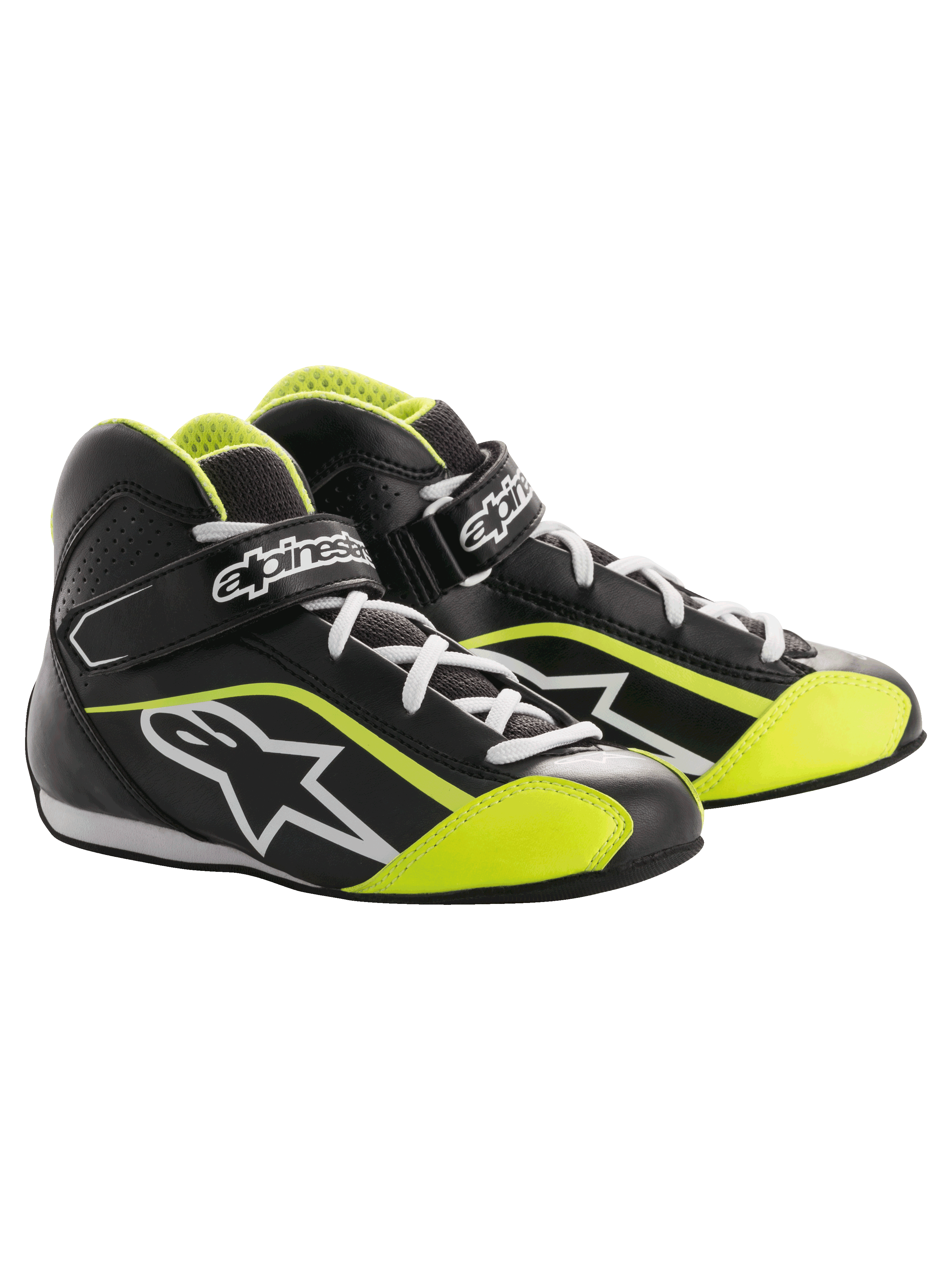 Zapatillas Alpinestars Youth Tech-1 K, calzado de karting, negro y amarillo fluorescente, diseño de caña alta con cordones blancos, tira de velcro con la marca, logo de estrella en el lateral y paneles perforados
