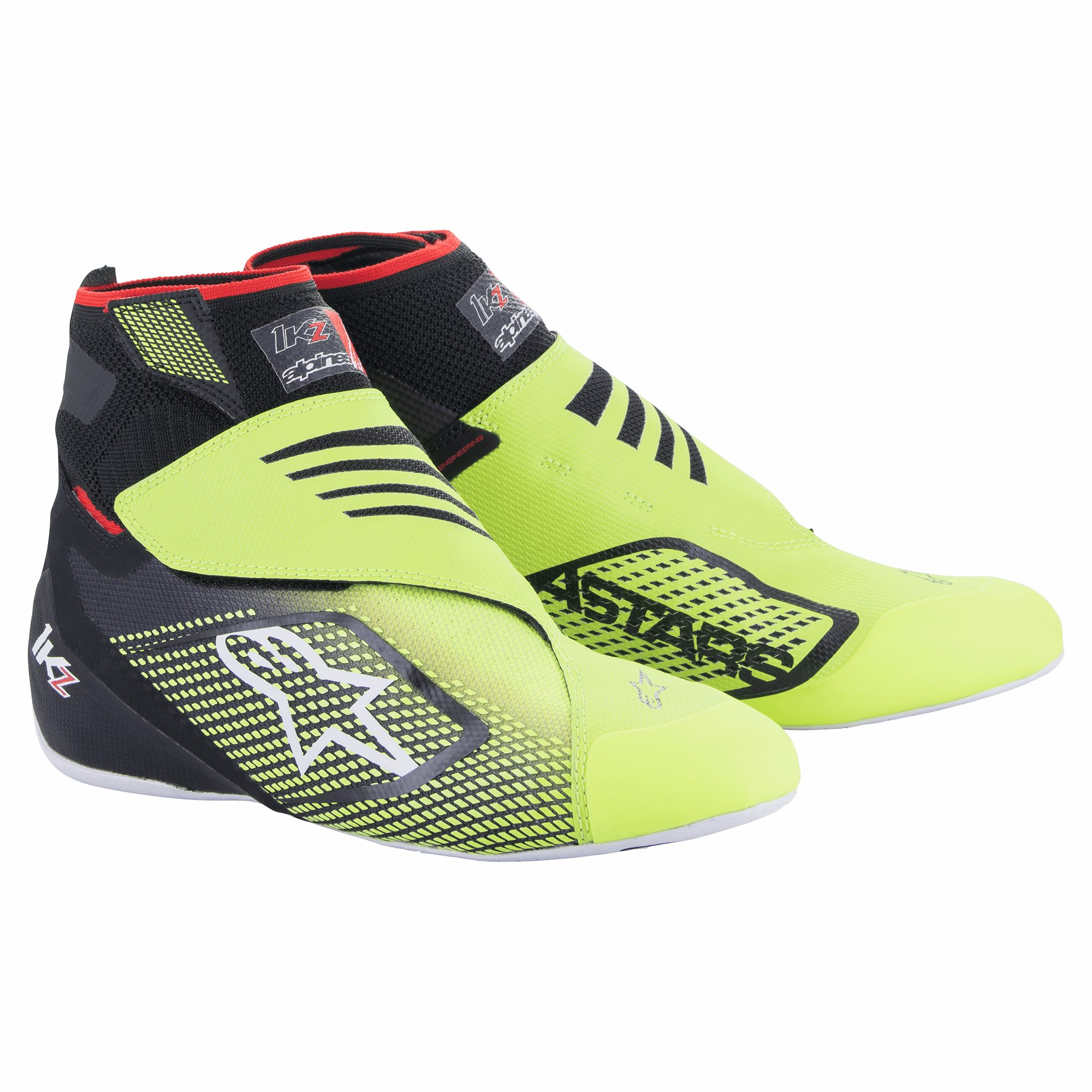 Zapatos Alpinestars Tech-1 KZ V2, calzado de carreras para karting, color negro y amarillo flúor, con parte superior de tejido de punto sin costuras, cierre de doble correa de velcro, logotipo de la estrella Alpinestars en blanco, gráficos impresos en 3D en color negro, cuello alto con detalles en rojo, suela blanca fina, calzado especializado para deportes de motor