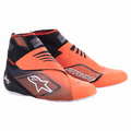 Alpinestars Tech-1 KZ V2 Shoes, zapatos de karting, negro y naranja flúor, diseño de caña alta con parte superior tejida y logotipo Astars blanco, paneles de malla negra, revestimientos texturizados, suelas blancas delgadas, cierres dobles de velcro, calzado de rendimiento aerodinámico