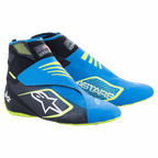 Zapatos de karting Alpinestars Tech-1 KZ V2, azul, negro y amarillo flúor, con parte superior de tejido de punto sin costuras, cierre de doble correa en el tobillo, gran logotipo de estrella blanca en el lateral, diseño elegante y ligero para automovilismo