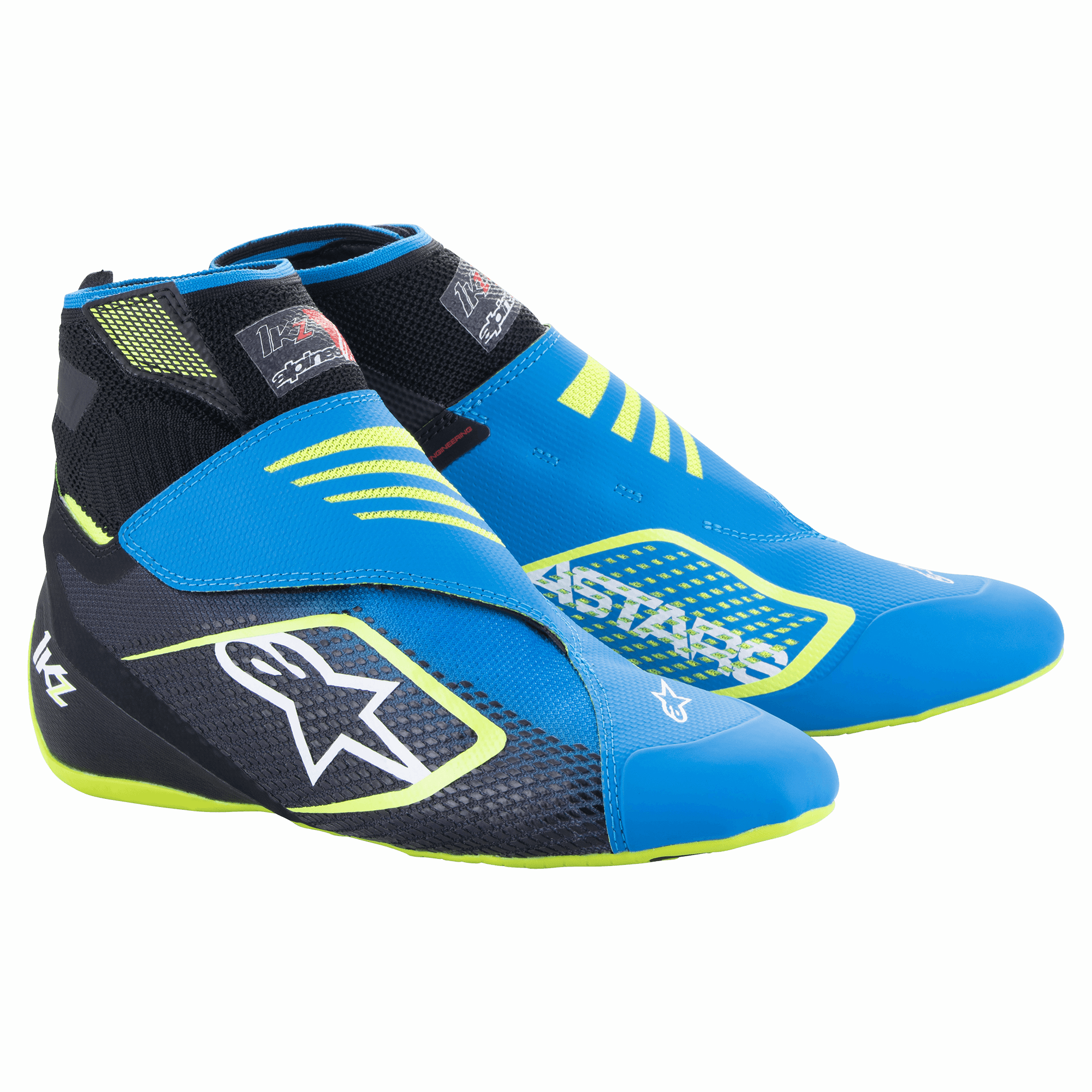 Zapatos de karting Alpinestars Tech-1 KZ V2, azul, negro y amarillo flúor, con parte superior de tejido de punto sin costuras, cierre de doble correa en el tobillo, gran logotipo de estrella blanca en el lateral, diseño elegante y ligero para automovilismo