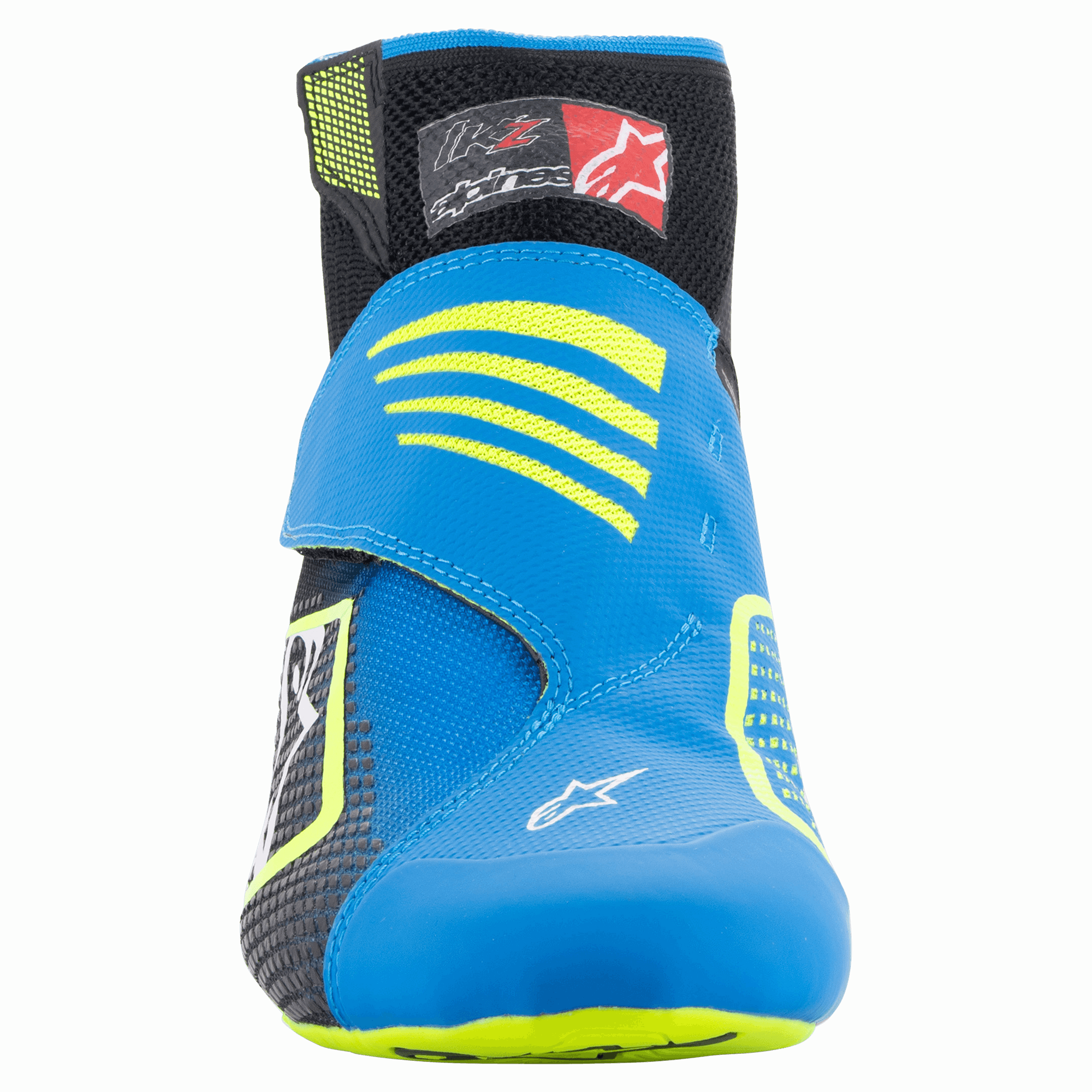 Zapatos Alpinestars Tech-1 KZ V2, zapatos de karting, negro, azul esmalte y amarillo flúor, vista frontal que muestra la parte superior de punto sin costuras, correa azul vibrante con detalles en amarillo y cuello del tobillo en negro.