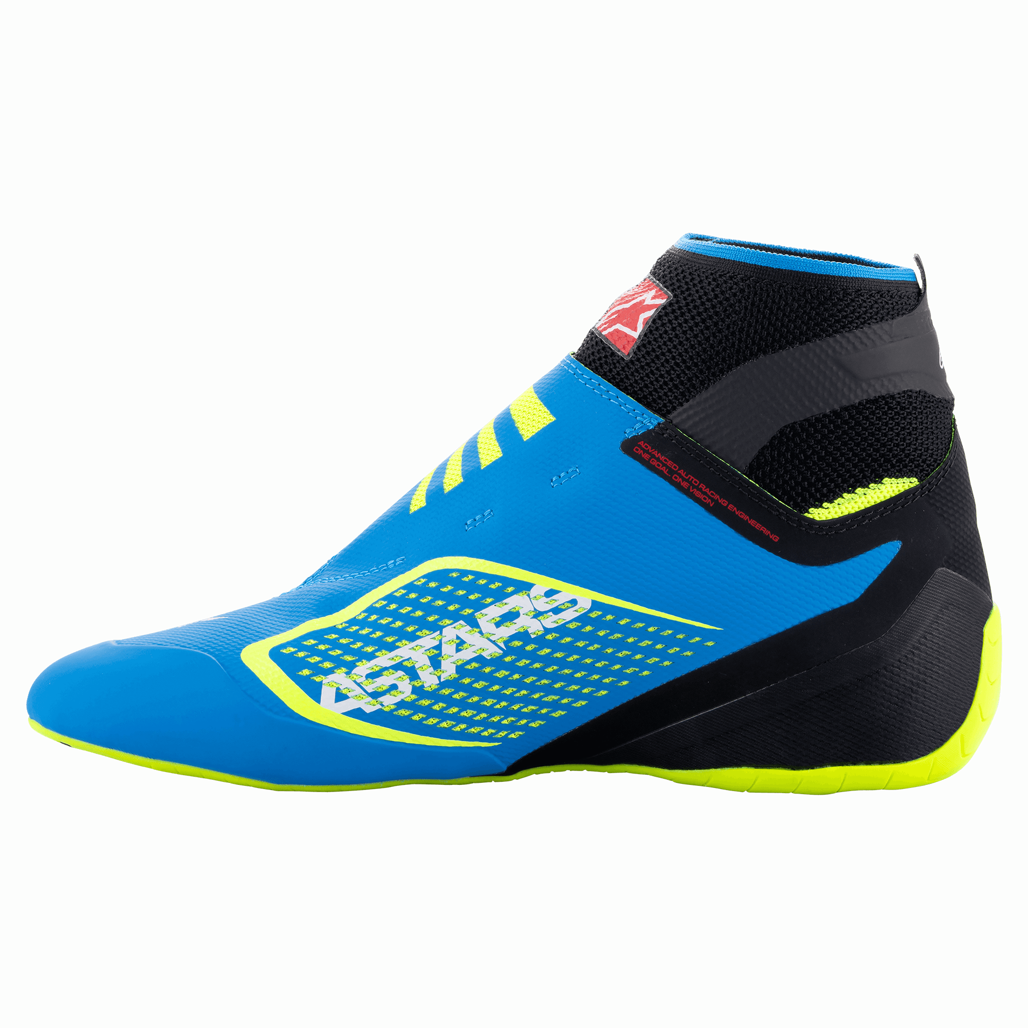 Zapatillas Alpinestars Tech-1 KZ V2, zapatillas de karting, azul esmalte con detalles en negro y amarillo flúor, vista de perfil lateral con construcción superior de tejido sin costuras y suela de goma fina derivada de la Fórmula 1, logotipo llamativo de ASTARS en el lateral.