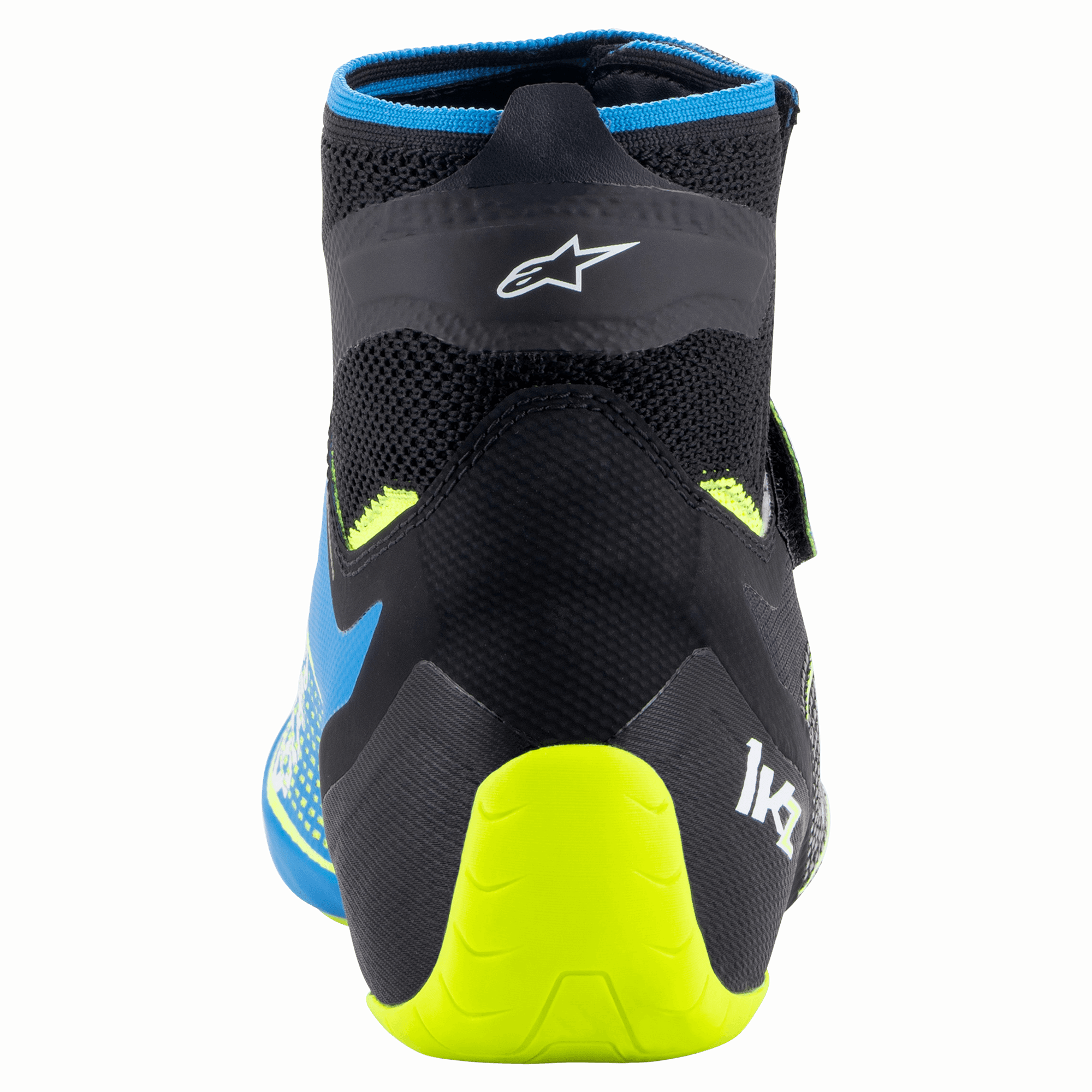 Alpinestars Tech-1 KZ V2, zapatos de karting, negro, azul esmaltado y amarillo fluo, vista trasera que muestra la construcción de tejido de punto superior, el logo de Alpinestars y el soporte del talón en amarillo fluo brillante