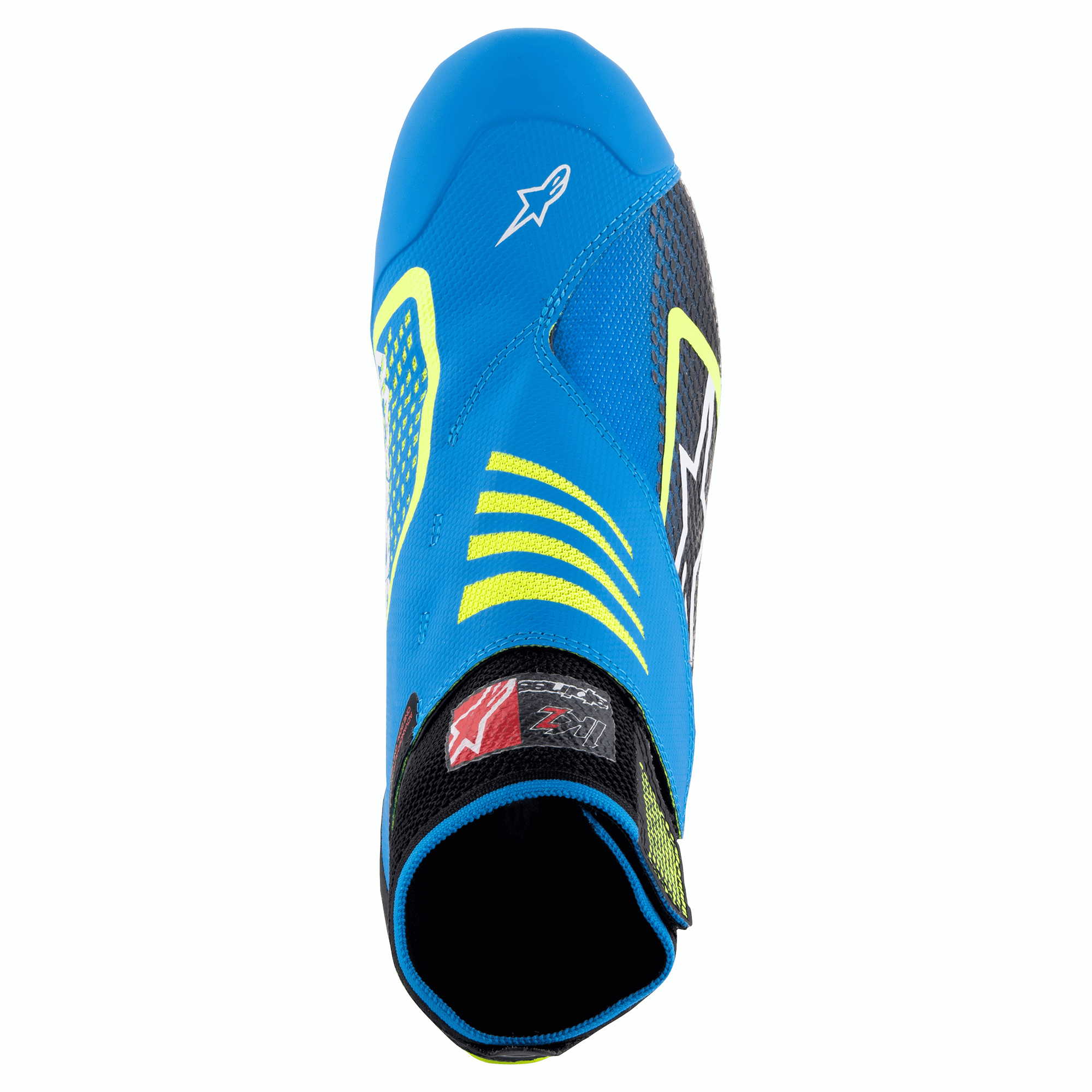 Zapatos Alpinestars Tech-1 KZ V2, calzado de karting, negro, azul esmalte y amarillo fluorescente, vista superior que muestra la parte superior de tejido de punto sin costuras, logotipo de Alpinestars en la puntera y cuello elástico para un ajuste seguro.