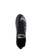 Alpinestars Tech-1 Z V3 Shoes FIA, zapatos para carreras de autos, negro y plata, vista superior que muestra el sistema de cordones rápidos y la marca Alpinestars, calzado profesional de cuero bovino para automovilismo