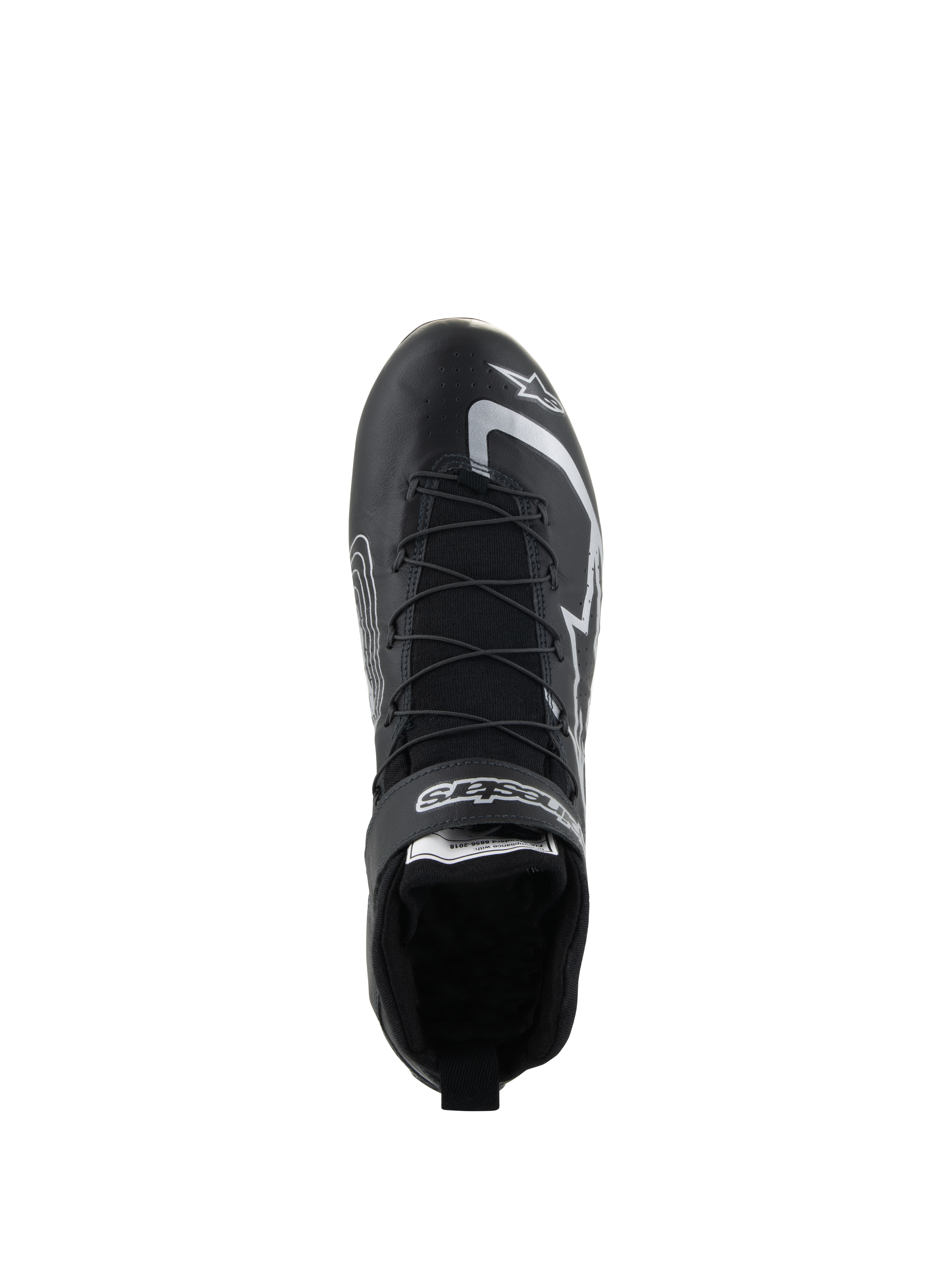 Alpinestars Tech-1 Z V3 Shoes FIA, zapatos para carreras de autos, negro y plata, vista superior que muestra el sistema de cordones rápidos y la marca Alpinestars, calzado profesional de cuero bovino para automovilismo