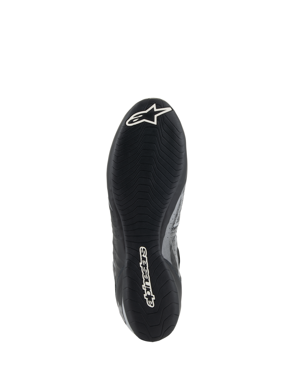 Alpinestars Tech-1 Z V3 Shoes FIA, vista de la suela del zapato de carreras negro y plata, con suela de goma fina inspirada en la F1 con dibujo asimétrico, logotipos blancos incluyendo el logo Astar y Alpinestars