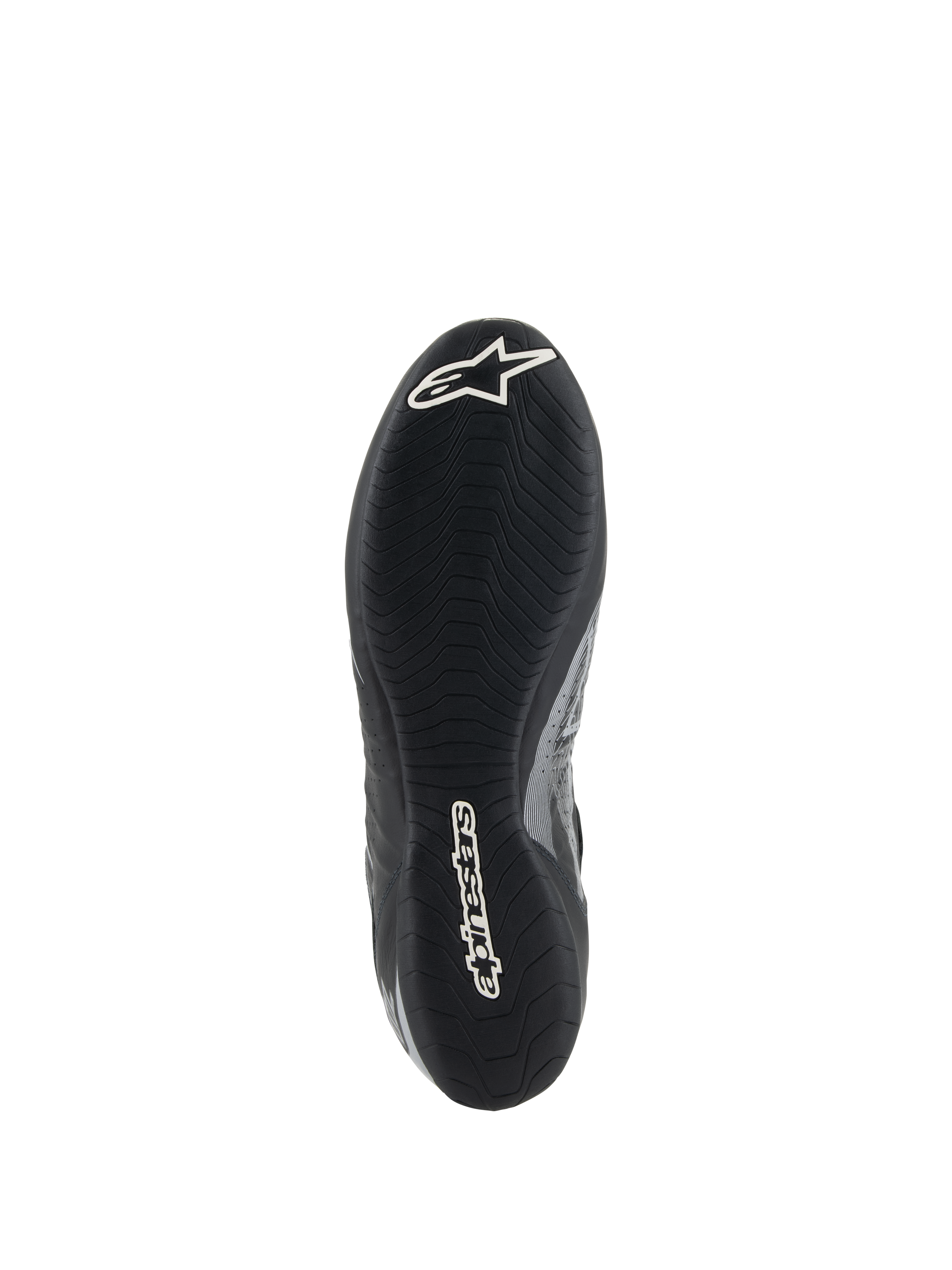 Alpinestars Tech-1 Z V3 Shoes FIA, vista de la suela del zapato de carreras negro y plata, con suela de goma fina inspirada en la F1 con dibujo asimétrico, logotipos blancos incluyendo el logo Astar y Alpinestars