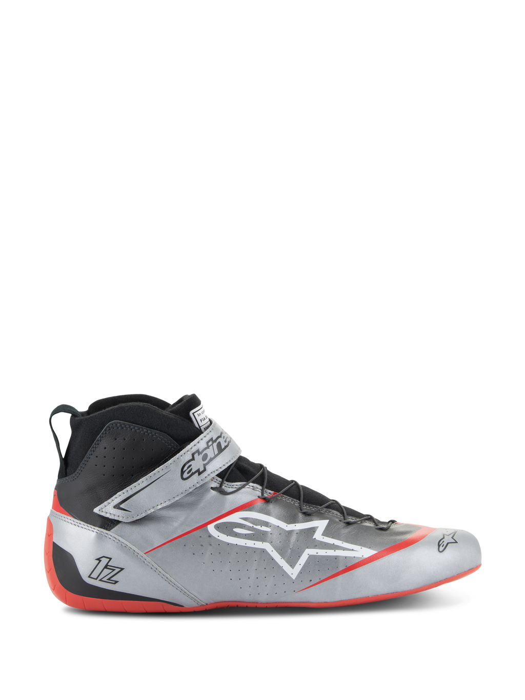 Alpinestars Tech-1 Z V3, zapatos de carreras FIA, plateado oscuro con detalles en negro y rojo, diseño de caña alta con logo de estrella blanca, suela roja, cuero perforado para ventilación y cierre de correa de velcro