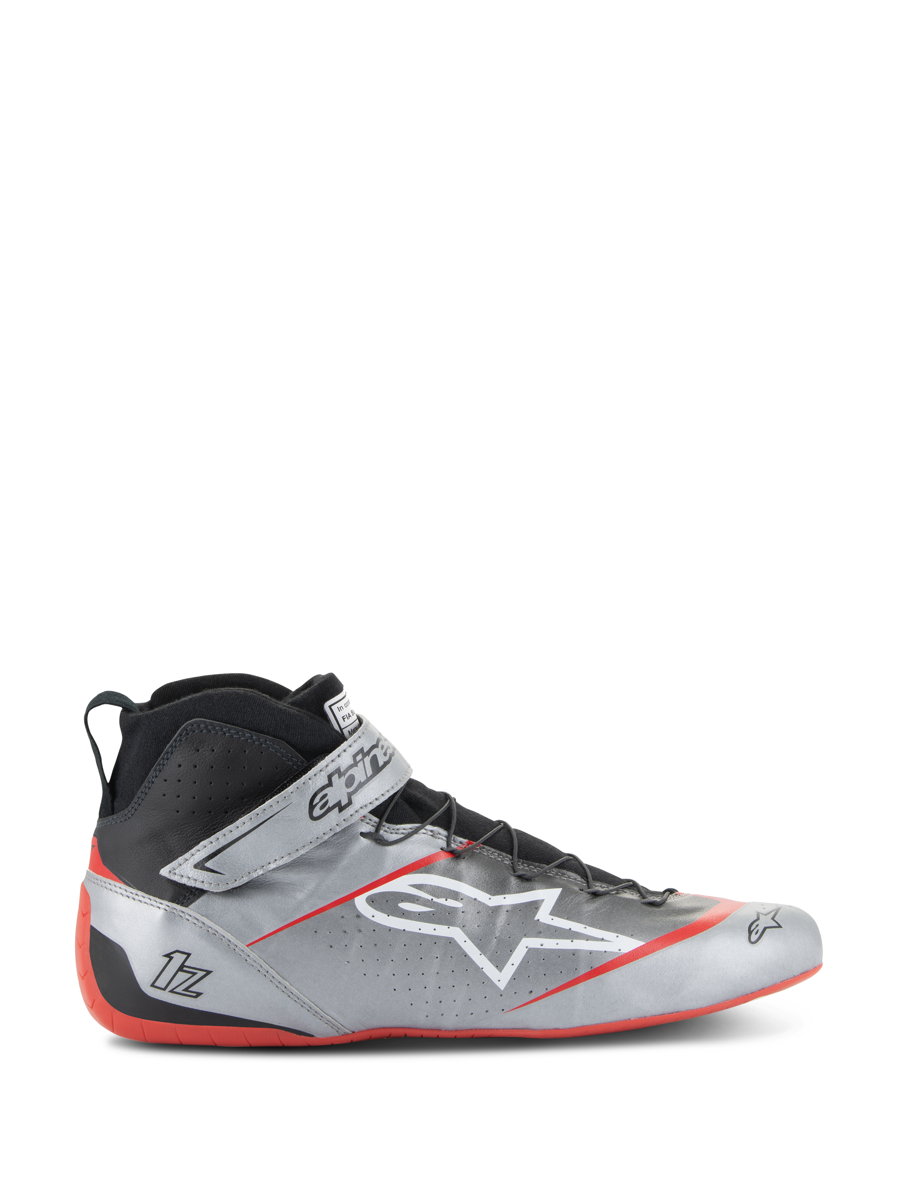 Alpinestars Tech-1 Z V3, zapatos de carreras FIA, plateado oscuro con detalles en negro y rojo, diseño de caña alta con logo de estrella blanca, suela roja, cuero perforado para ventilación y cierre de correa de velcro