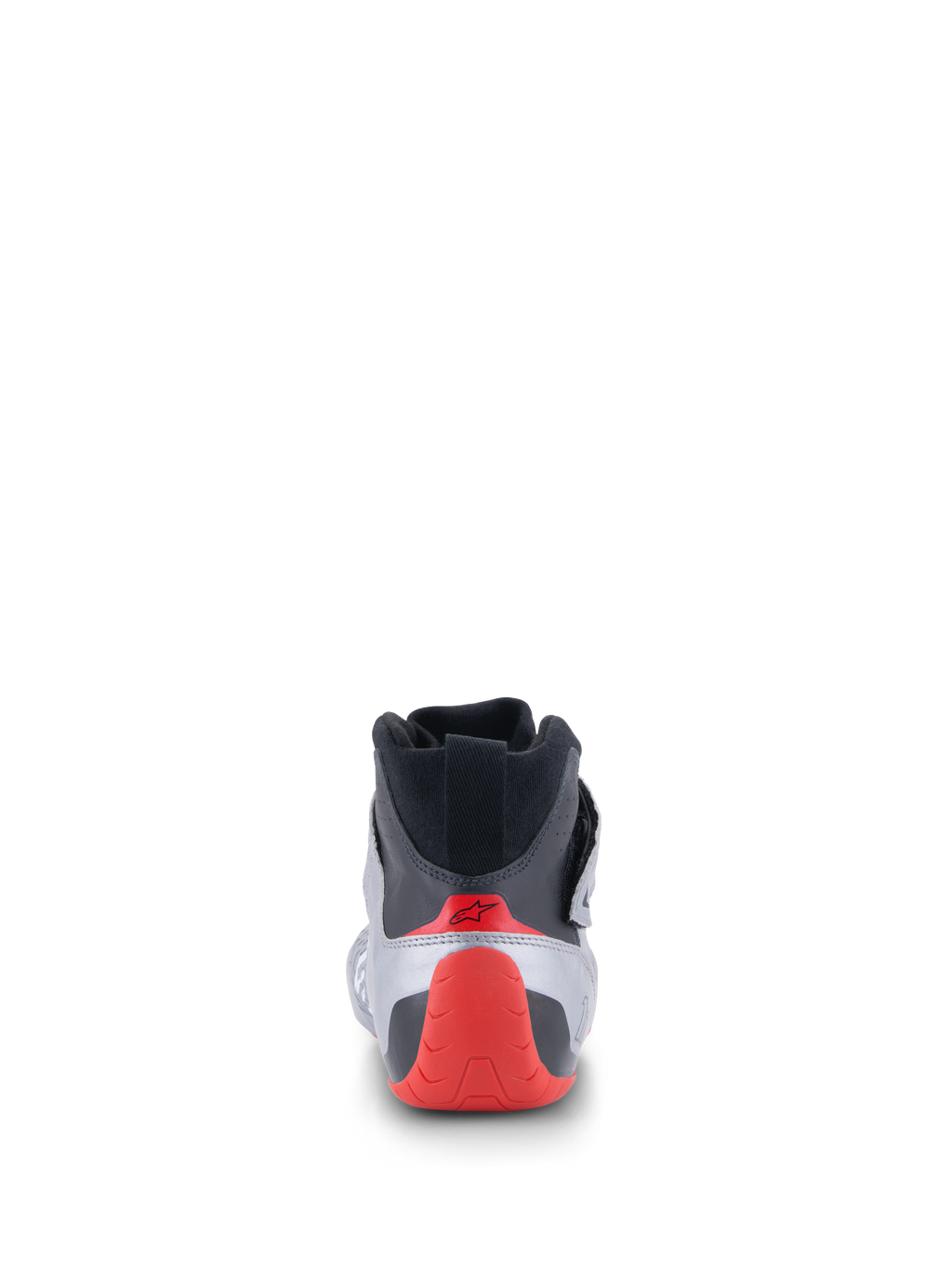 Zapatos Alpinestars Tech-1 Z V3 FIA, calzado de automovilismo, vista trasera en plata oscuro, negro y rojo, con talonera termoformada roja y cuello de punto negro, calzado profesional para deportes de motor
